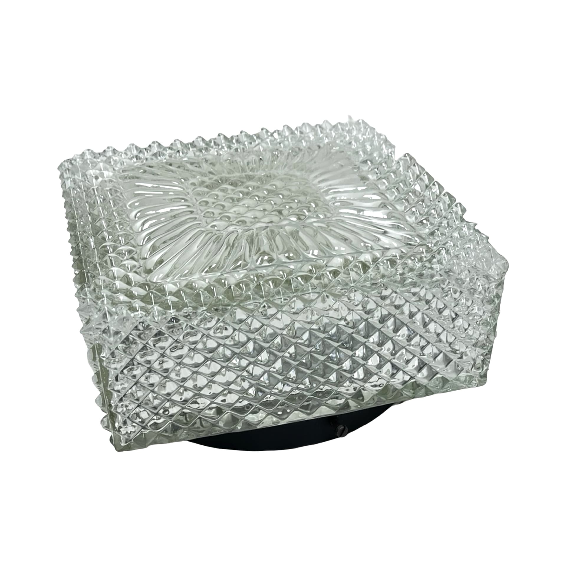Flush mount Space Age cube, transparent glass, black metal, Hillebrand, Germany, 1970s. - 340344