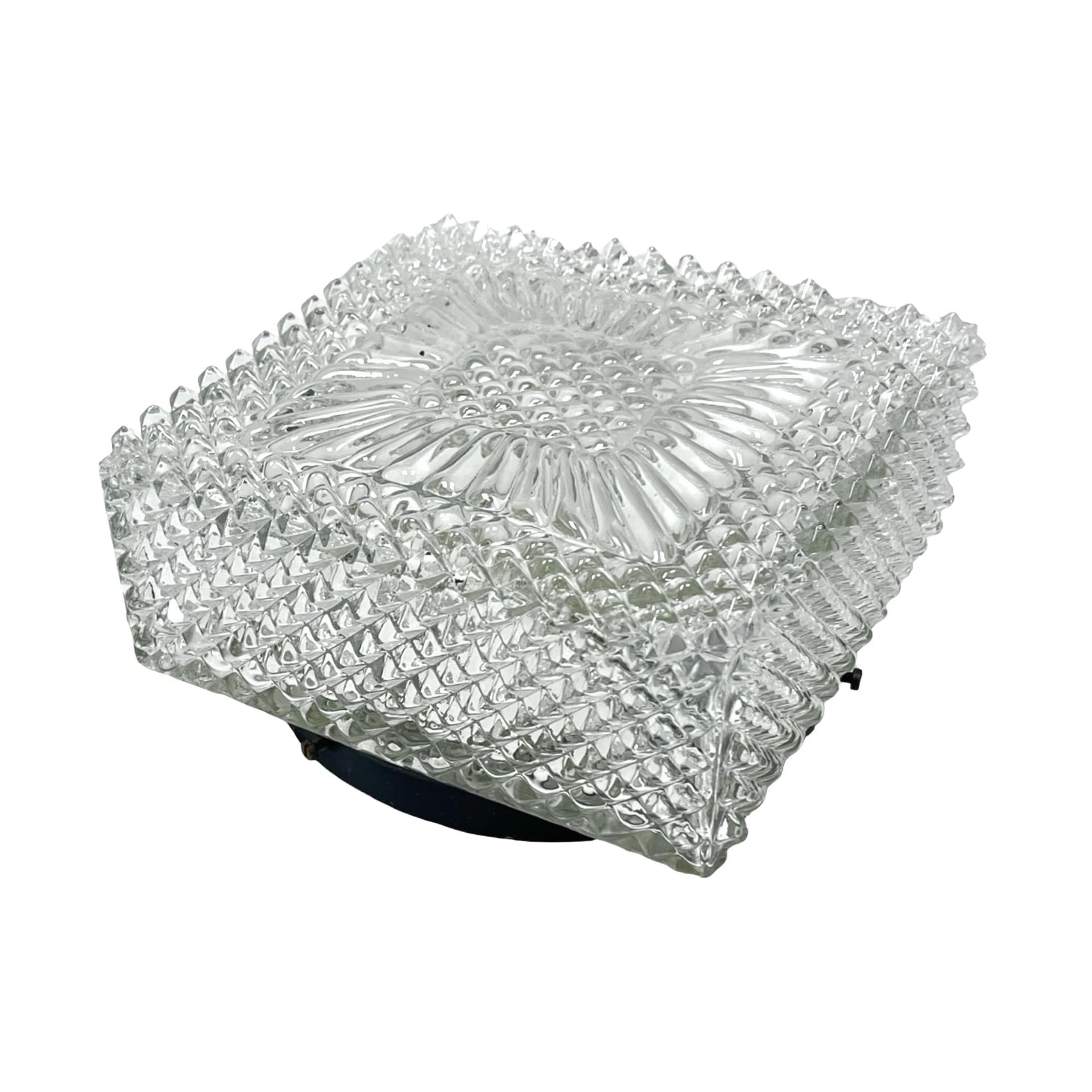 Flush mount Space Age cube, transparent glass, black metal, Hillebrand, Germany, 1970s.