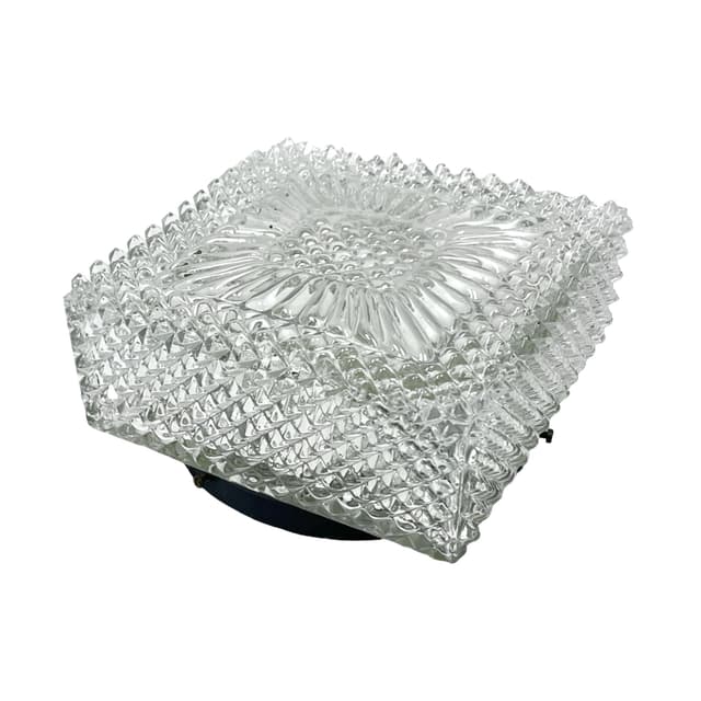 Flush mount Space Age cube, transparent glass, black metal, Hillebrand, Germany, 1970s. - DIMENSION