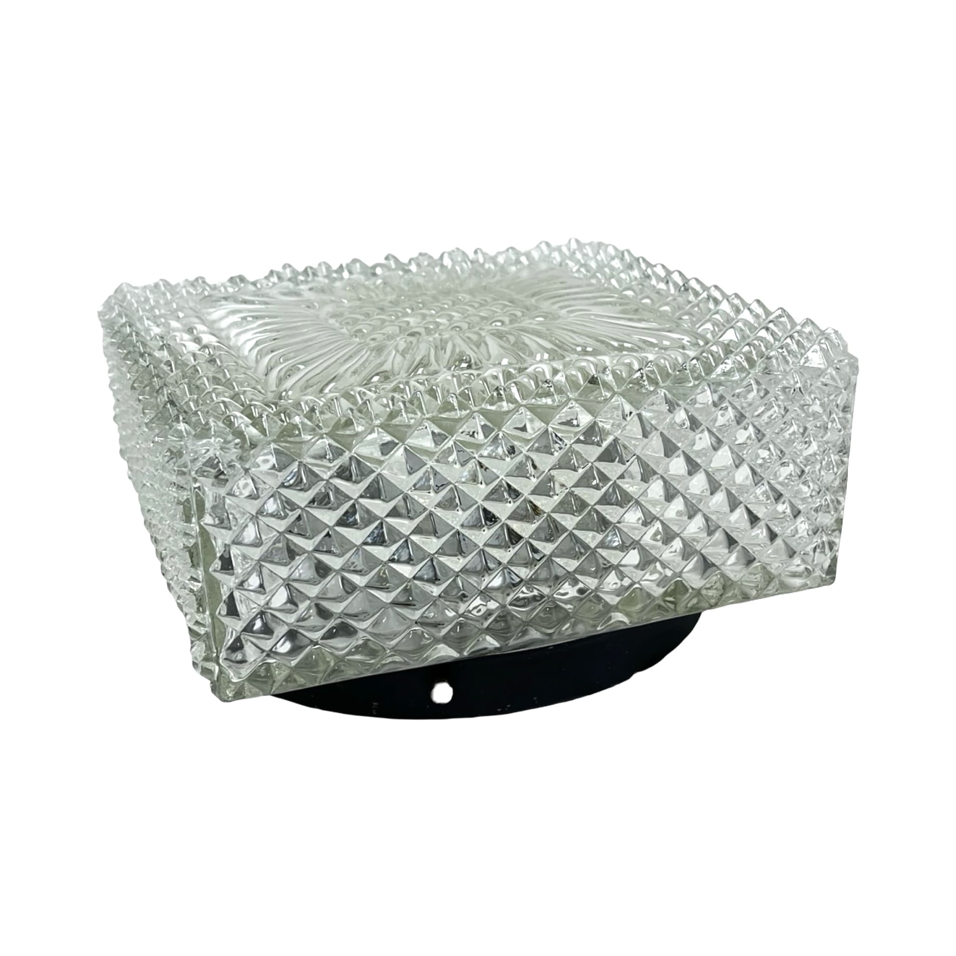 Flush mount Space Age cube, transparent glass, black metal, Hillebrand, Germany, 1970s. - 340340