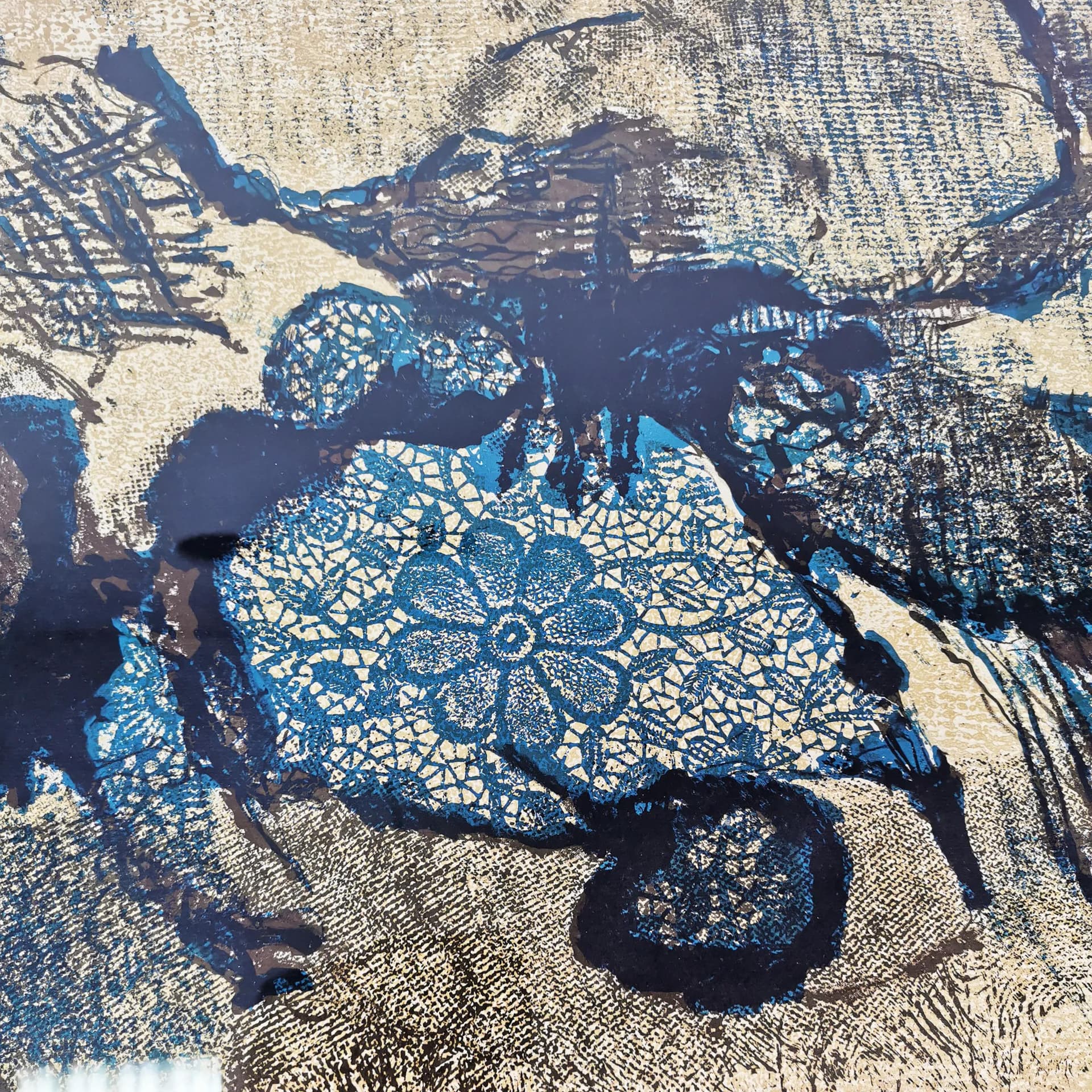 Lithograph Kompozycja 49.5x62 cm, blue brown, paper, by G. Balle, Denmark, 1970s. - 340897