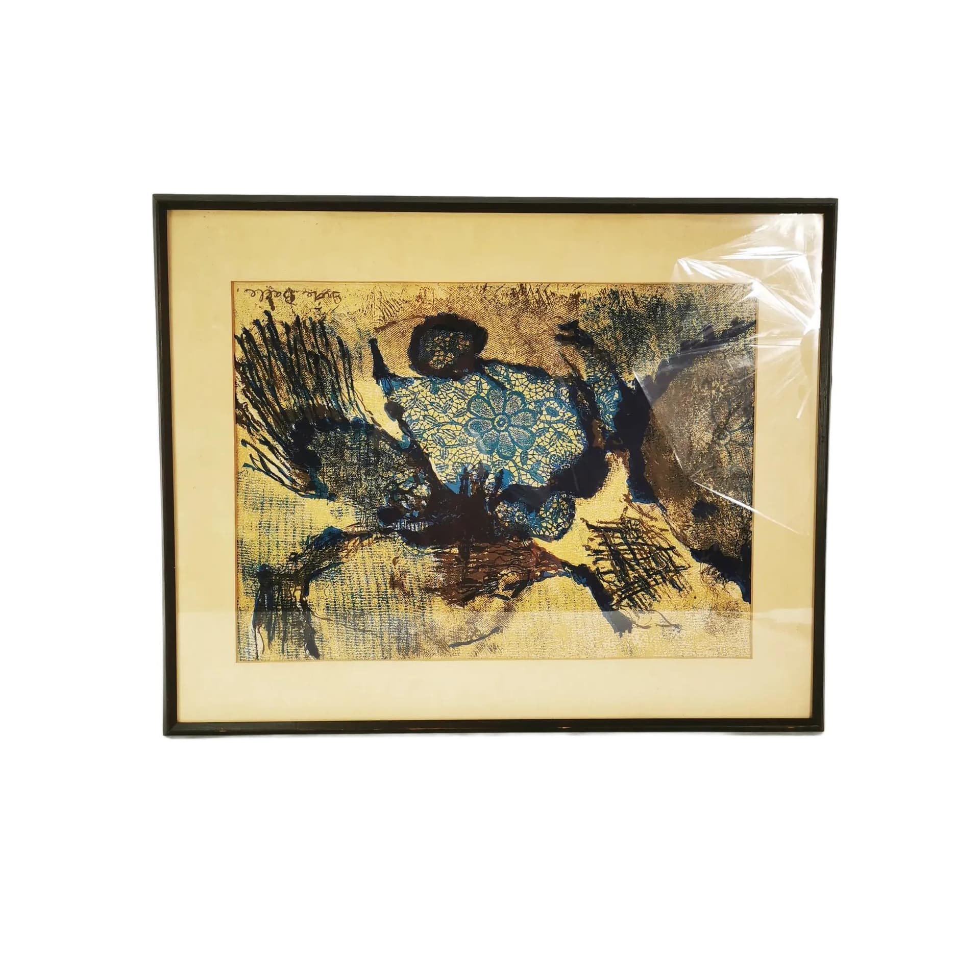 Lithograph Kompozycja 49.5x62 cm, blue brown, paper, by G. Balle, Denmark, 1970s.