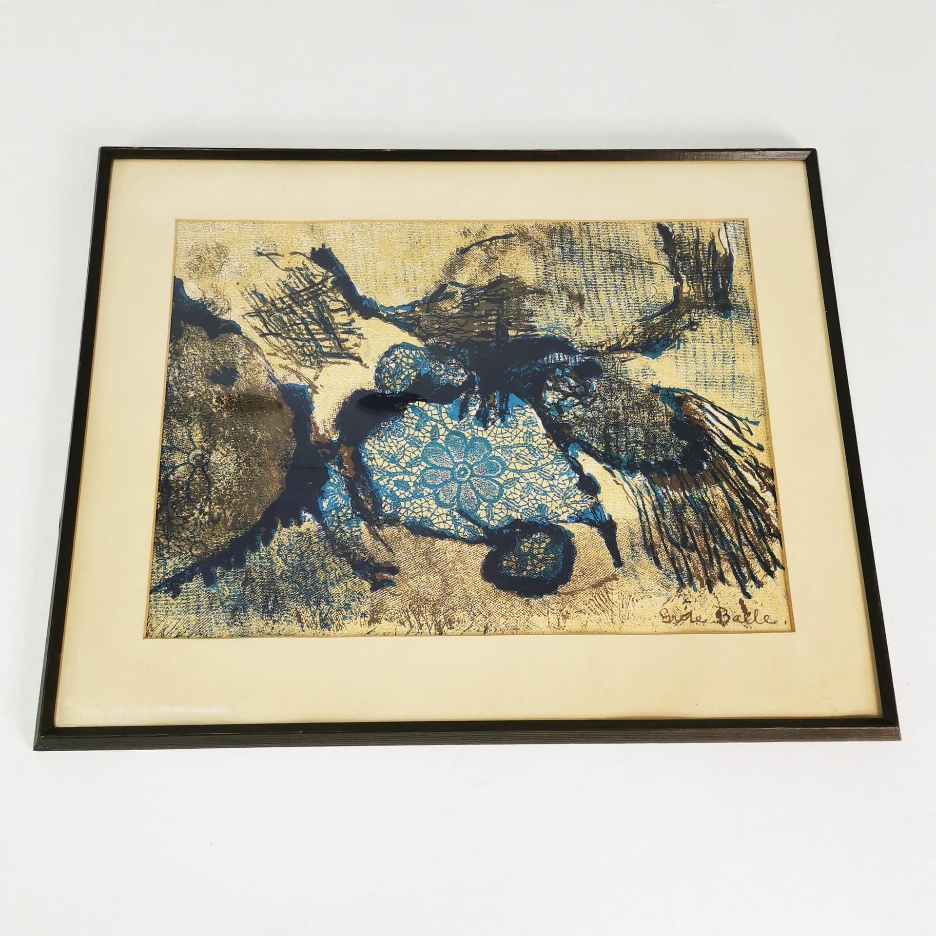 Lithograph Kompozycja 49.5x62 cm, blue brown, paper, by G. Balle, Denmark, 1970s. - 340901