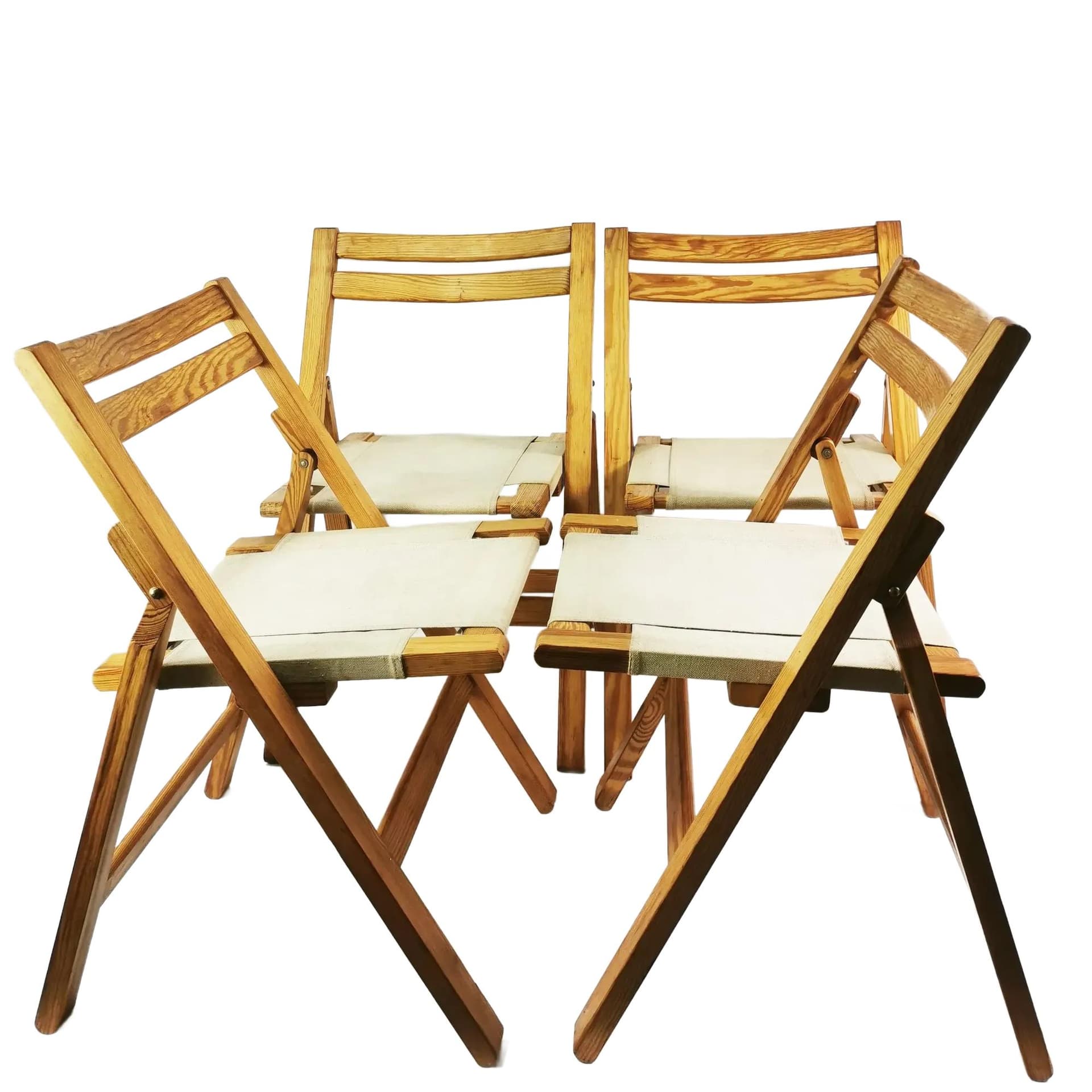 Set of Four Folding Chairs, beige pine, beige canvas, Bialskie Fabryki Mebli Biała Podlaska, Poland, 1970s.