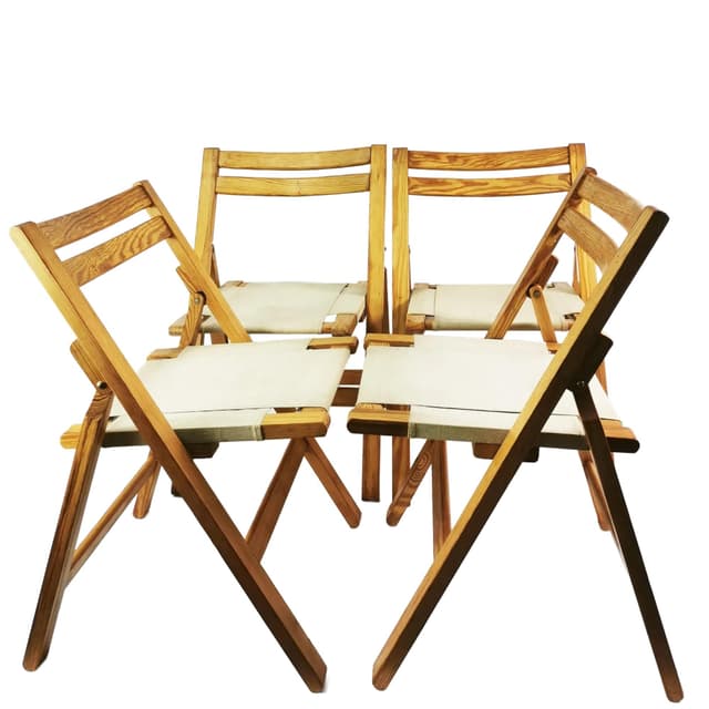 Set of Four Folding Chairs, beige pine, beige canvas, Bialskie Fabryki Mebli Biała Podlaska, Poland, 1970s. - DIMENSION