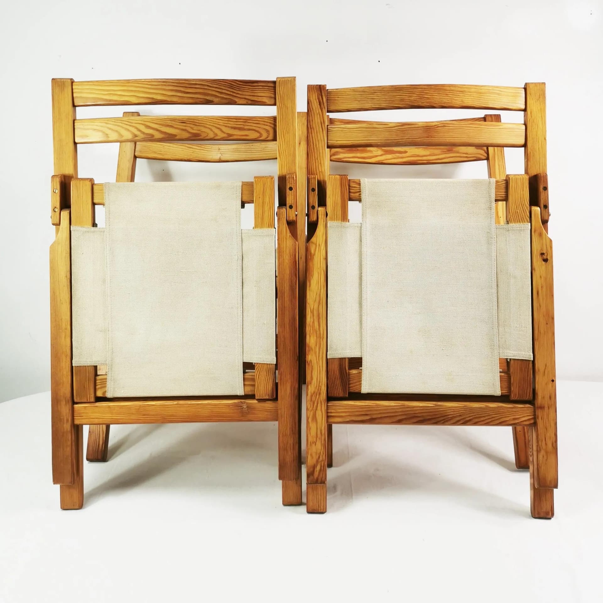 Set of Four Folding Chairs, beige pine, beige canvas, Bialskie Fabryki Mebli Biała Podlaska, Poland, 1970s. - 340877