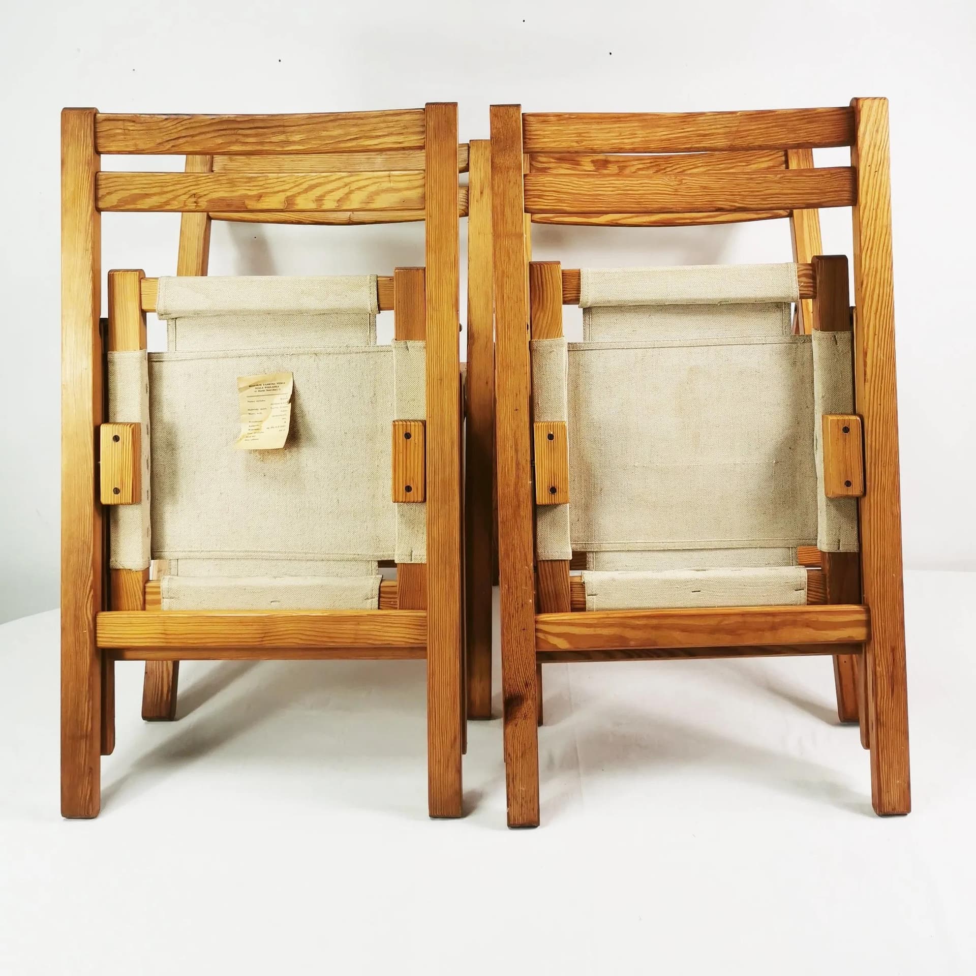 Set of Four Folding Chairs, beige pine, beige canvas, Bialskie Fabryki Mebli Biała Podlaska, Poland, 1970s. - 340881