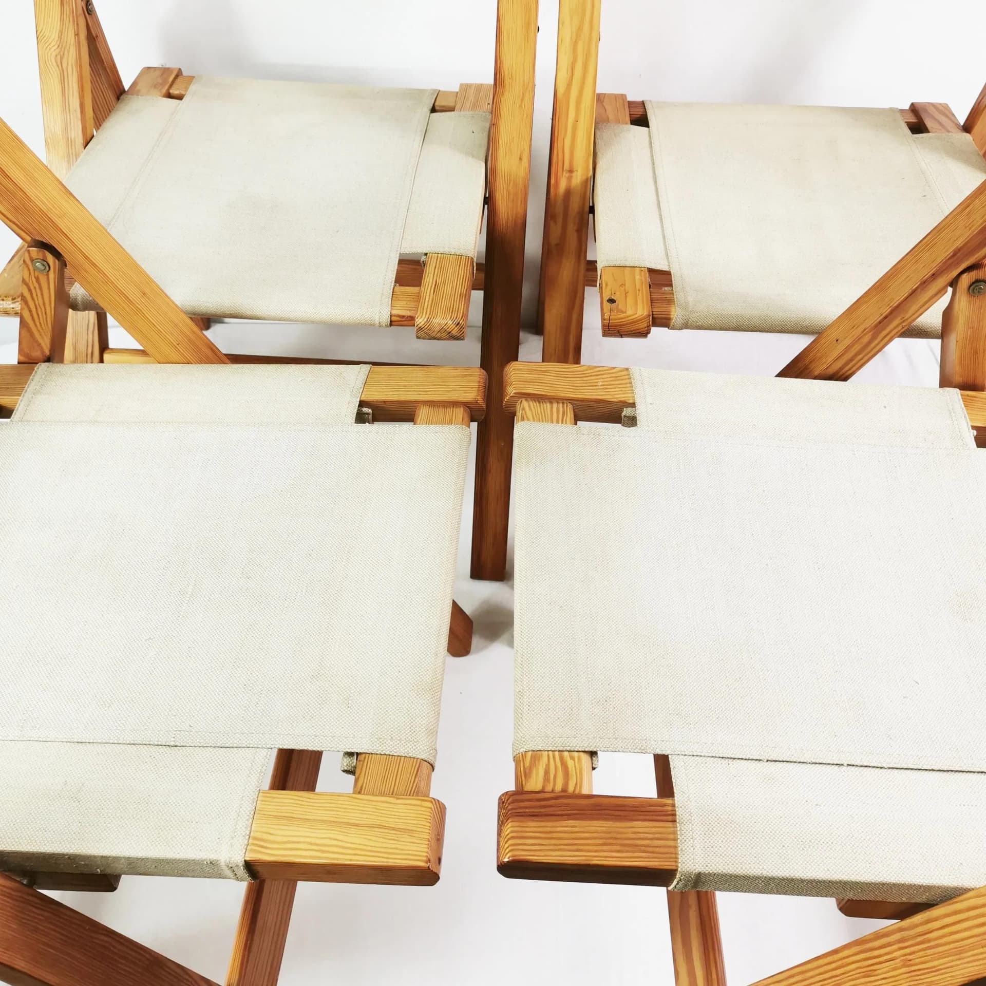 Set of Four Folding Chairs, beige pine, beige canvas, Bialskie Fabryki Mebli Biała Podlaska, Poland, 1970s. - 340874