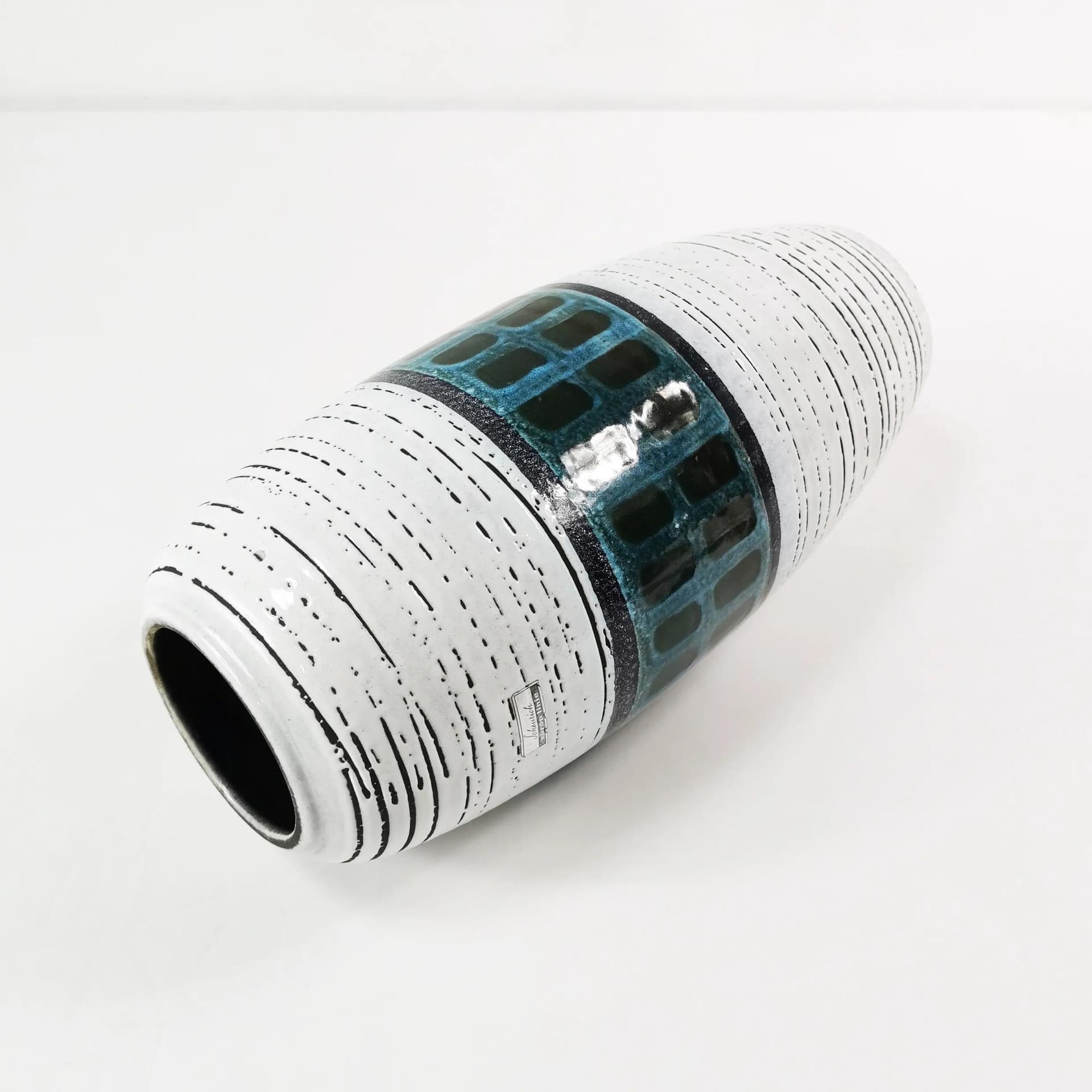 Wazon, modernistyczny, biały szary czarny niebieski zielony, kamionka, Scheurich, Niemcy, lata 70. - 340653