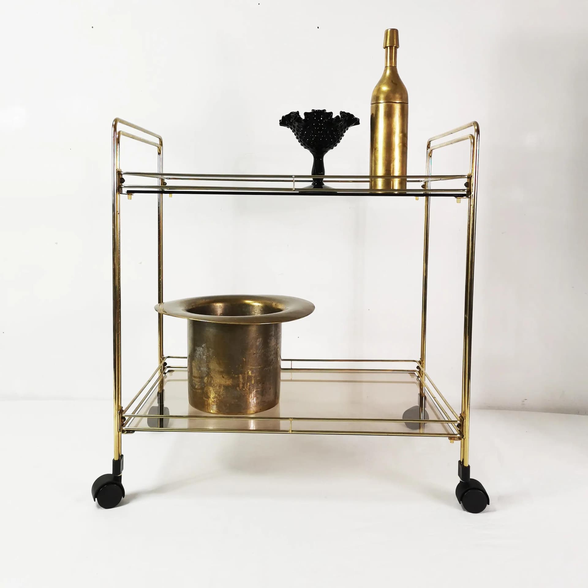 Bar cart minimalist, gold metal, smoked glass, Germany, 1970s. - 340621