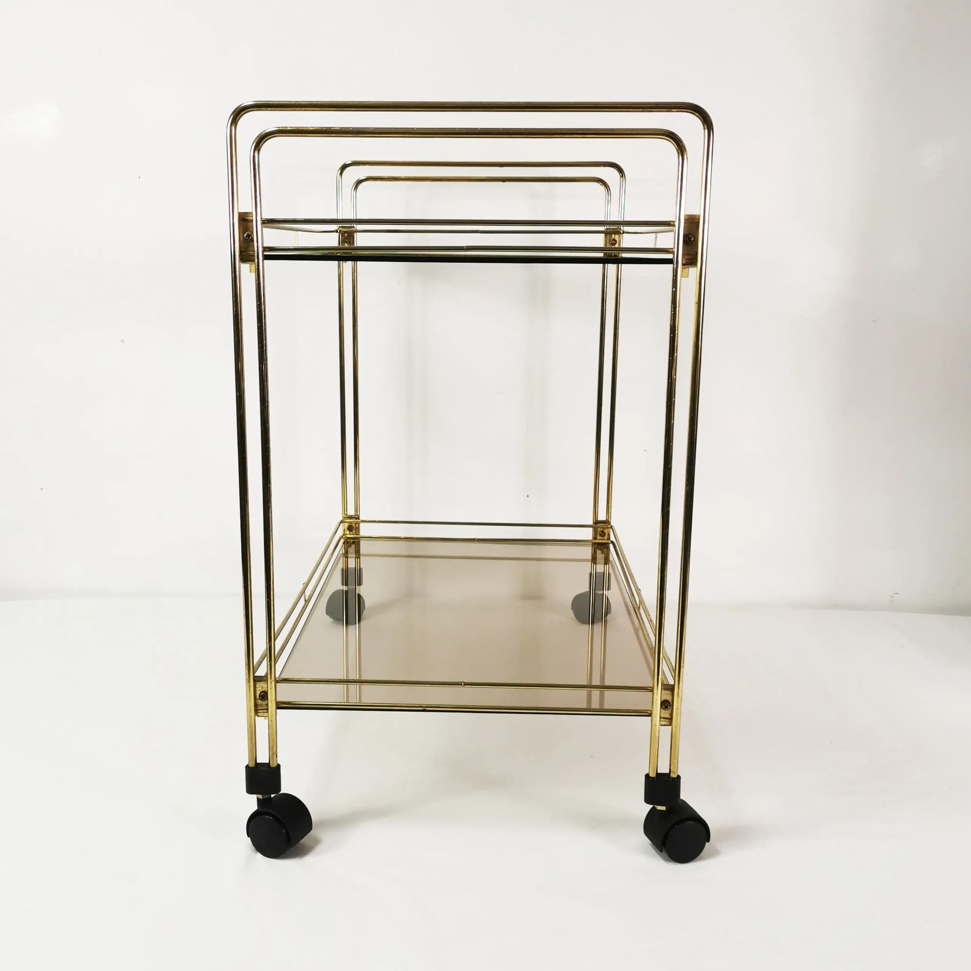 Bar cart minimalist, gold metal, smoked glass, Germany, 1970s. - 340626