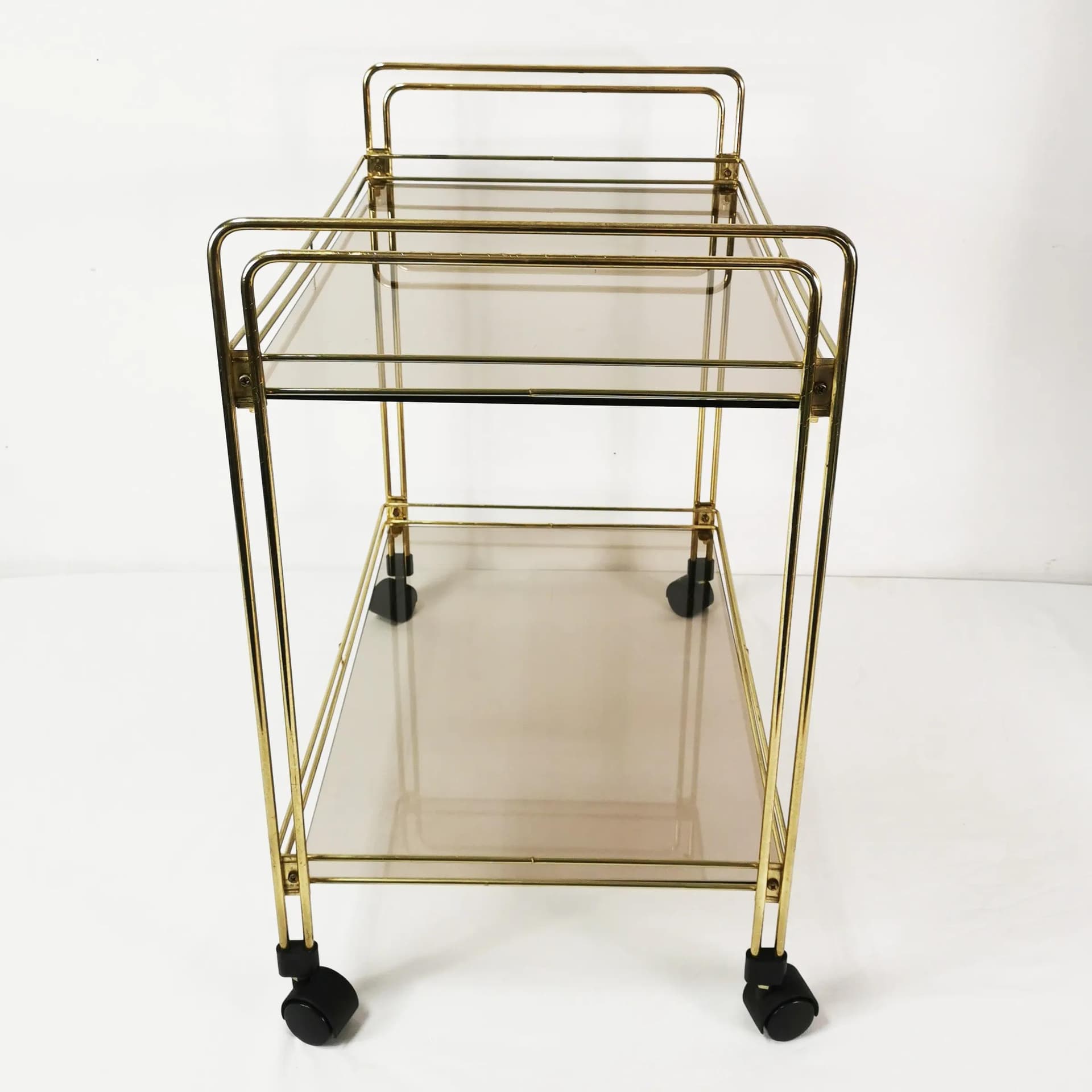 Bar cart minimalist, gold metal, smoked glass, Germany, 1970s. - 340627