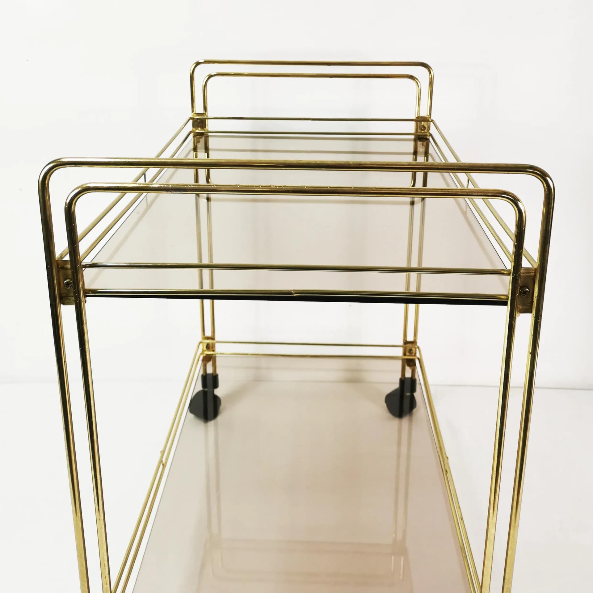 Bar cart minimalist, gold metal, smoked glass, Germany, 1970s. - 340628