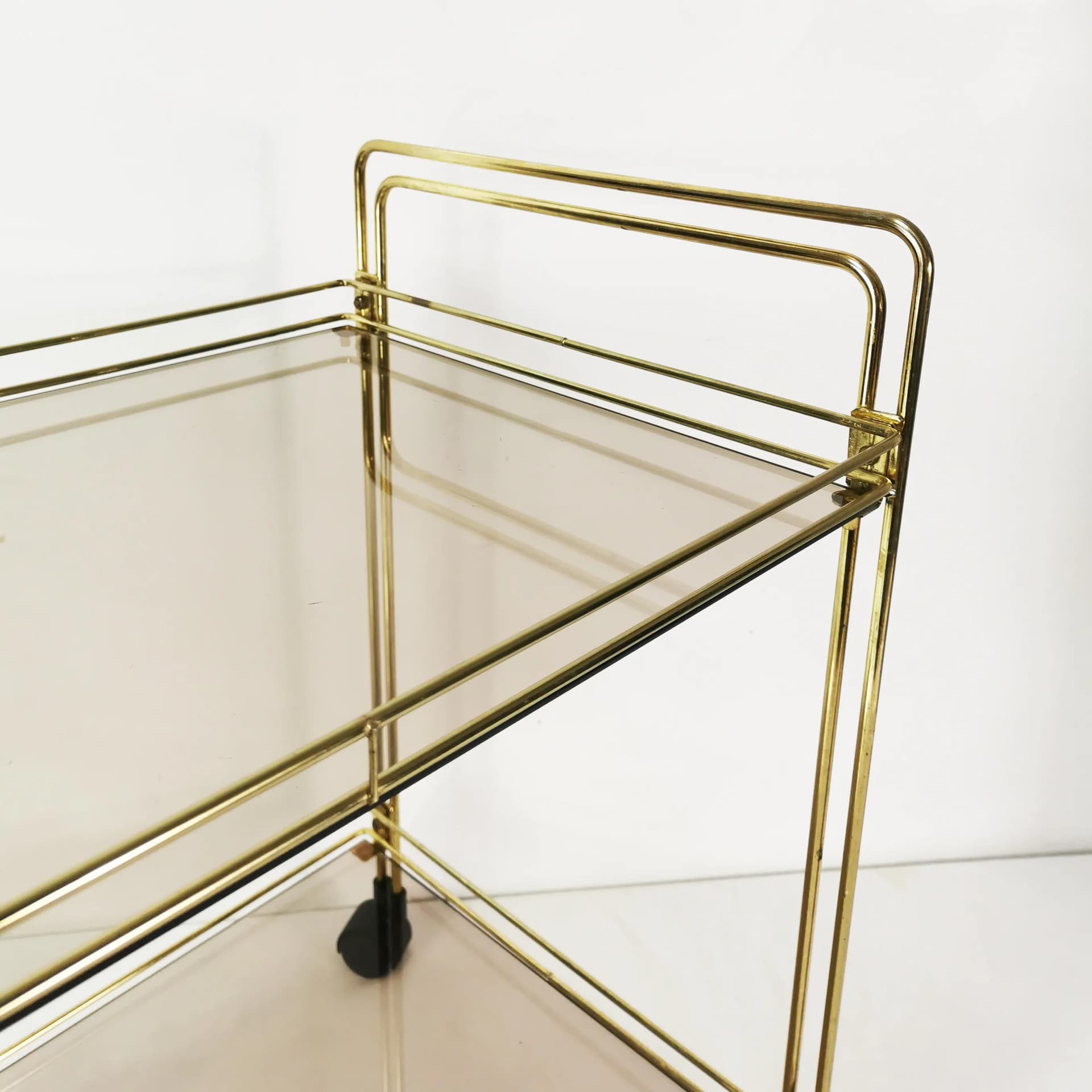 Bar cart minimalist, gold metal, smoked glass, Germany, 1970s. - 340629