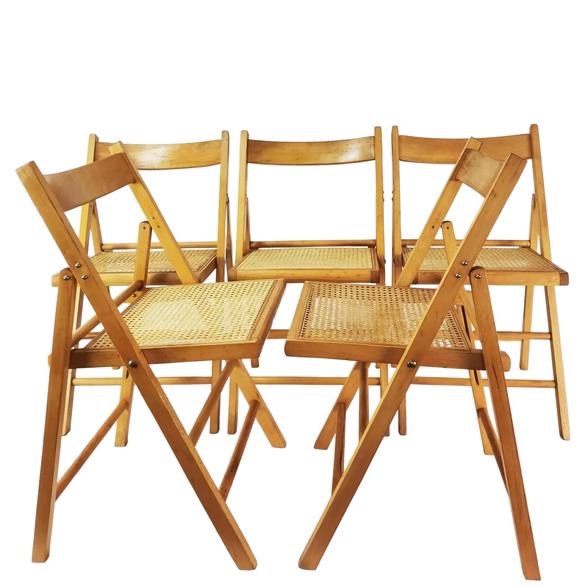Set of five folding chairs, brown beech, beige raffia, Germany, 1980s.