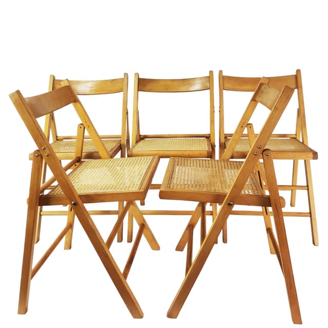 Set of five folding chairs, brown beech, beige raffia, Germany, 1980s. - DIMENSION