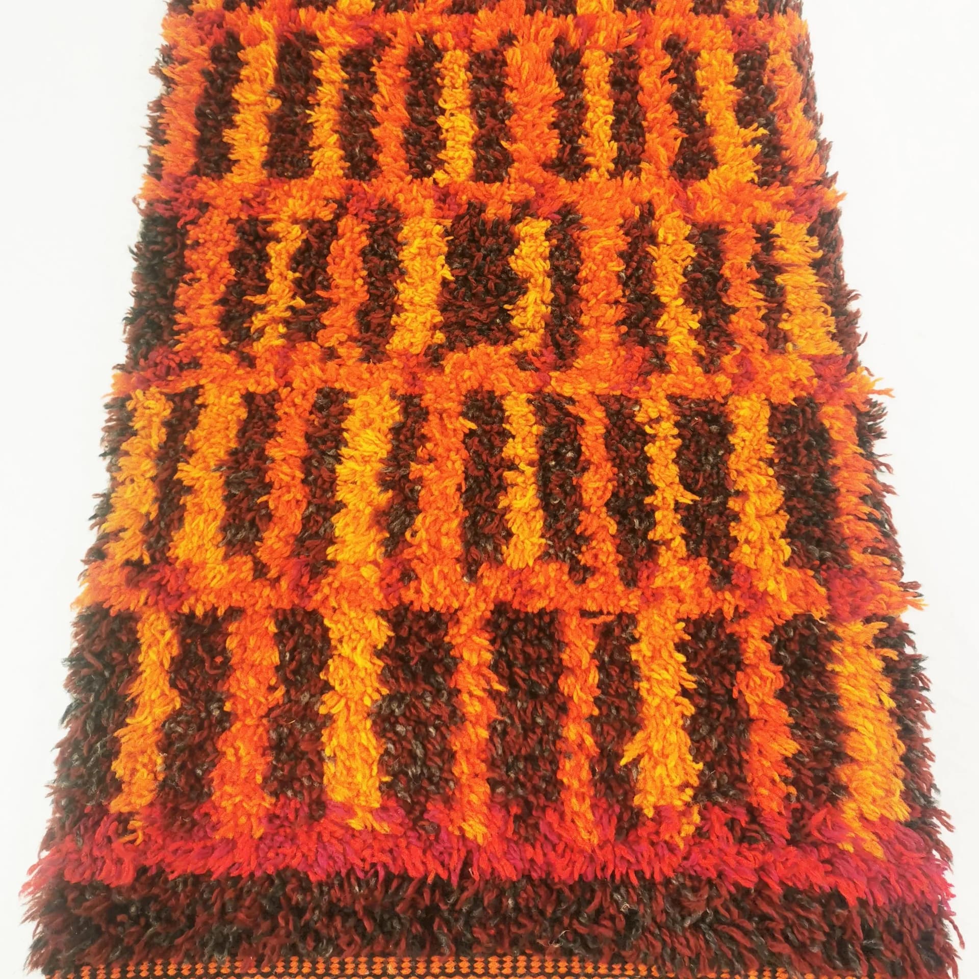 Kilim Space Age, red orange yellow brown black, wool, Denmark, 1960s. - 340461