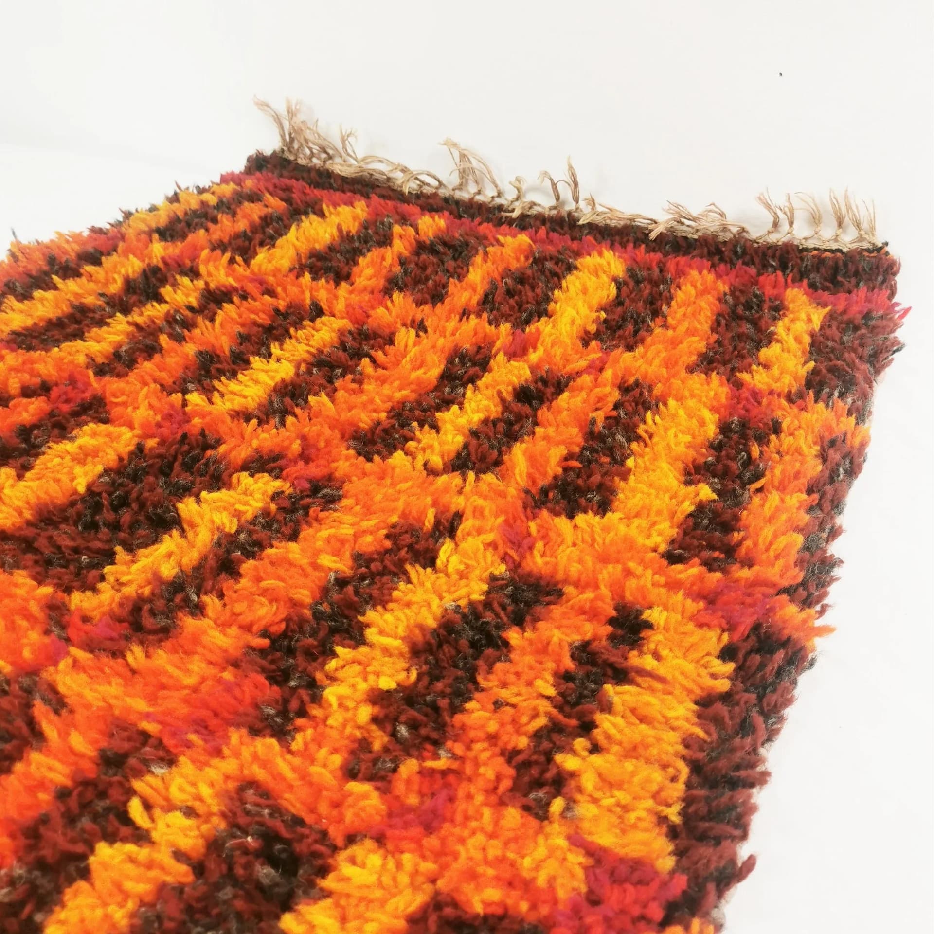 Kilim Space Age, red orange yellow brown black, wool, Denmark, 1960s. - 340457
