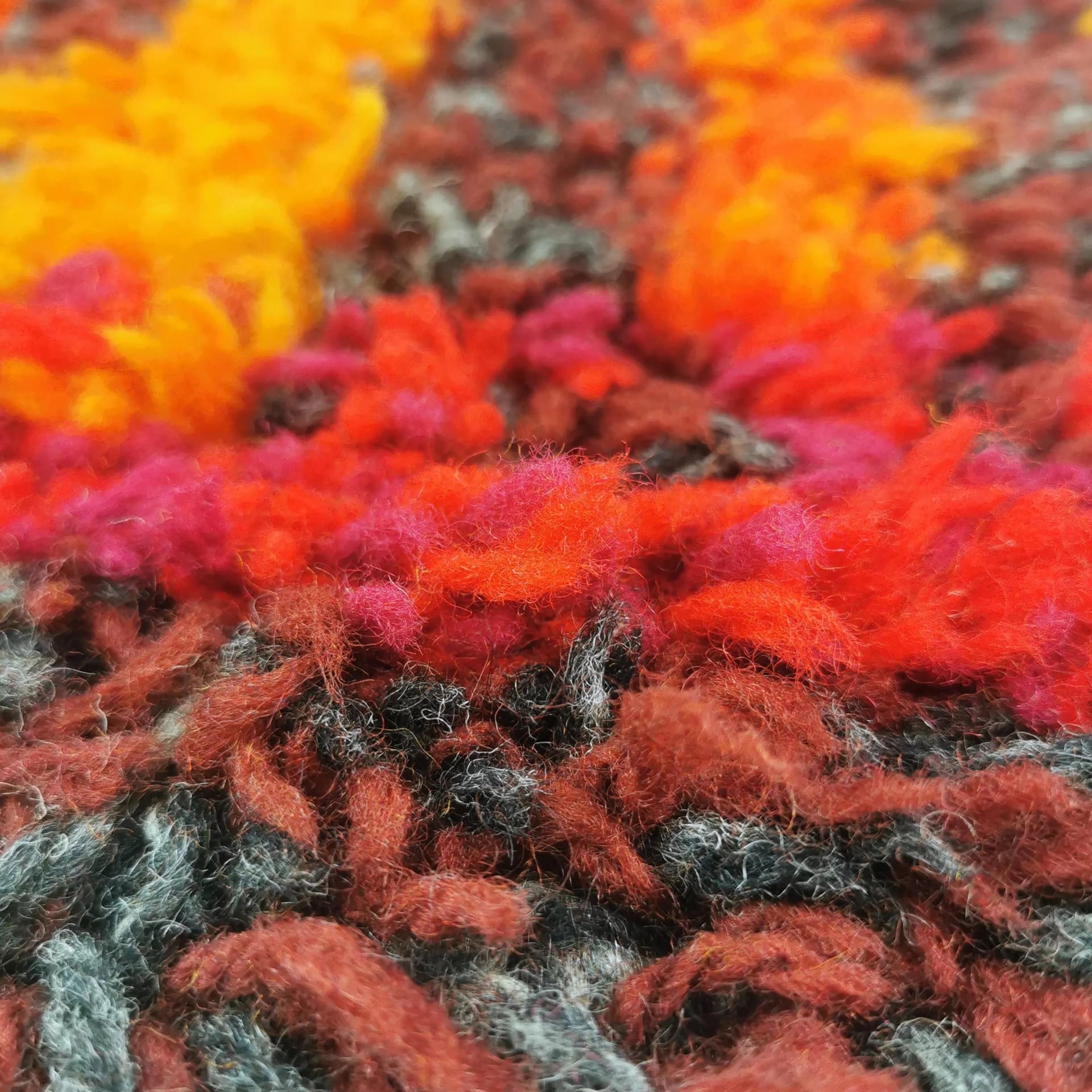 Kilim Space Age, red orange yellow brown black, wool, Denmark, 1960s. - 340467