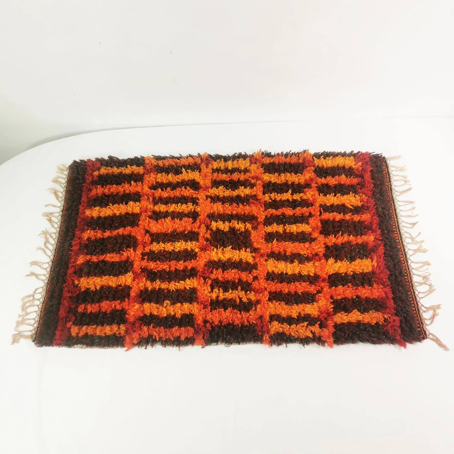Kilim Space Age, red orange yellow brown black, wool, Denmark, 1960s. - 340451