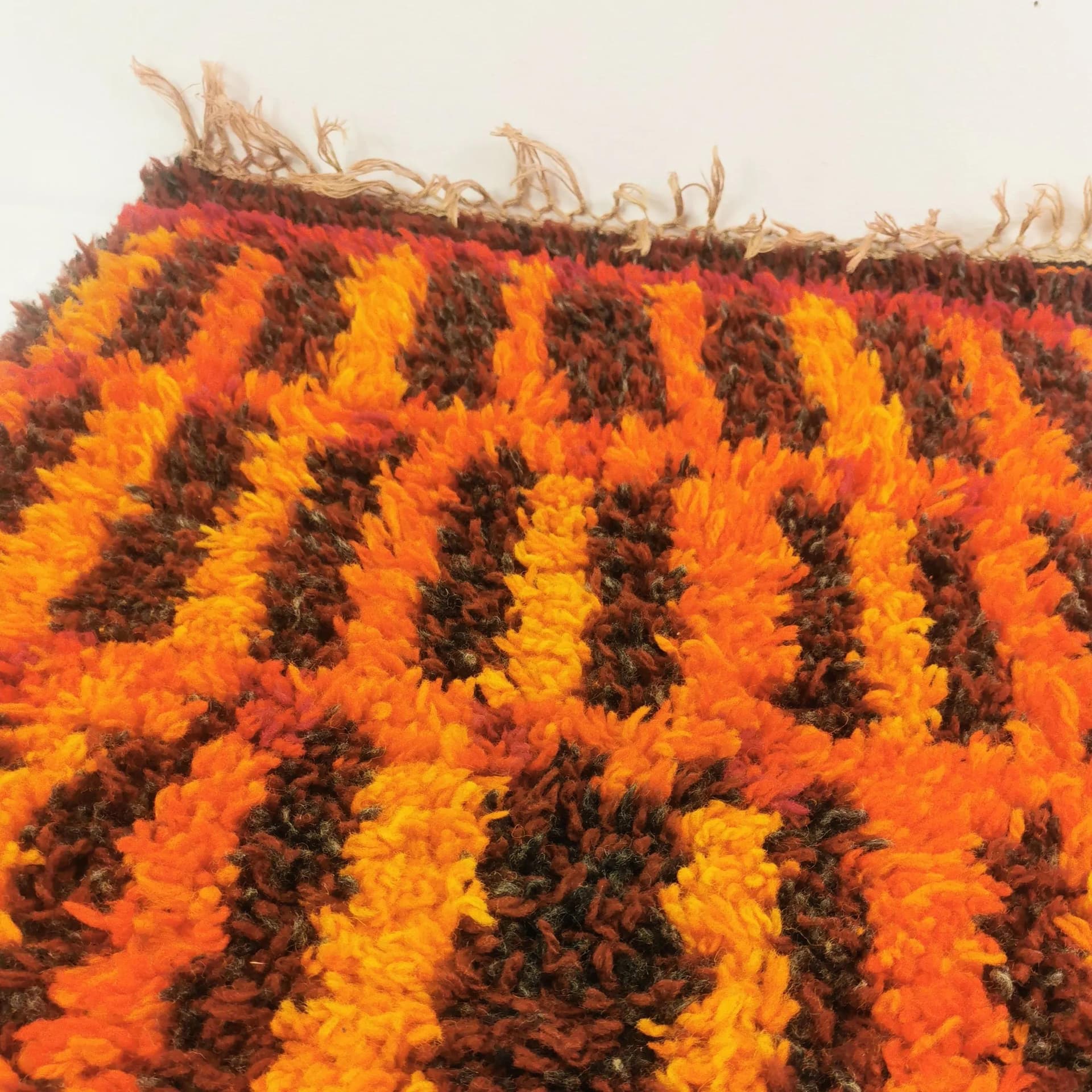 Kilim Space Age, red orange yellow brown black, wool, Denmark, 1960s. - 340463