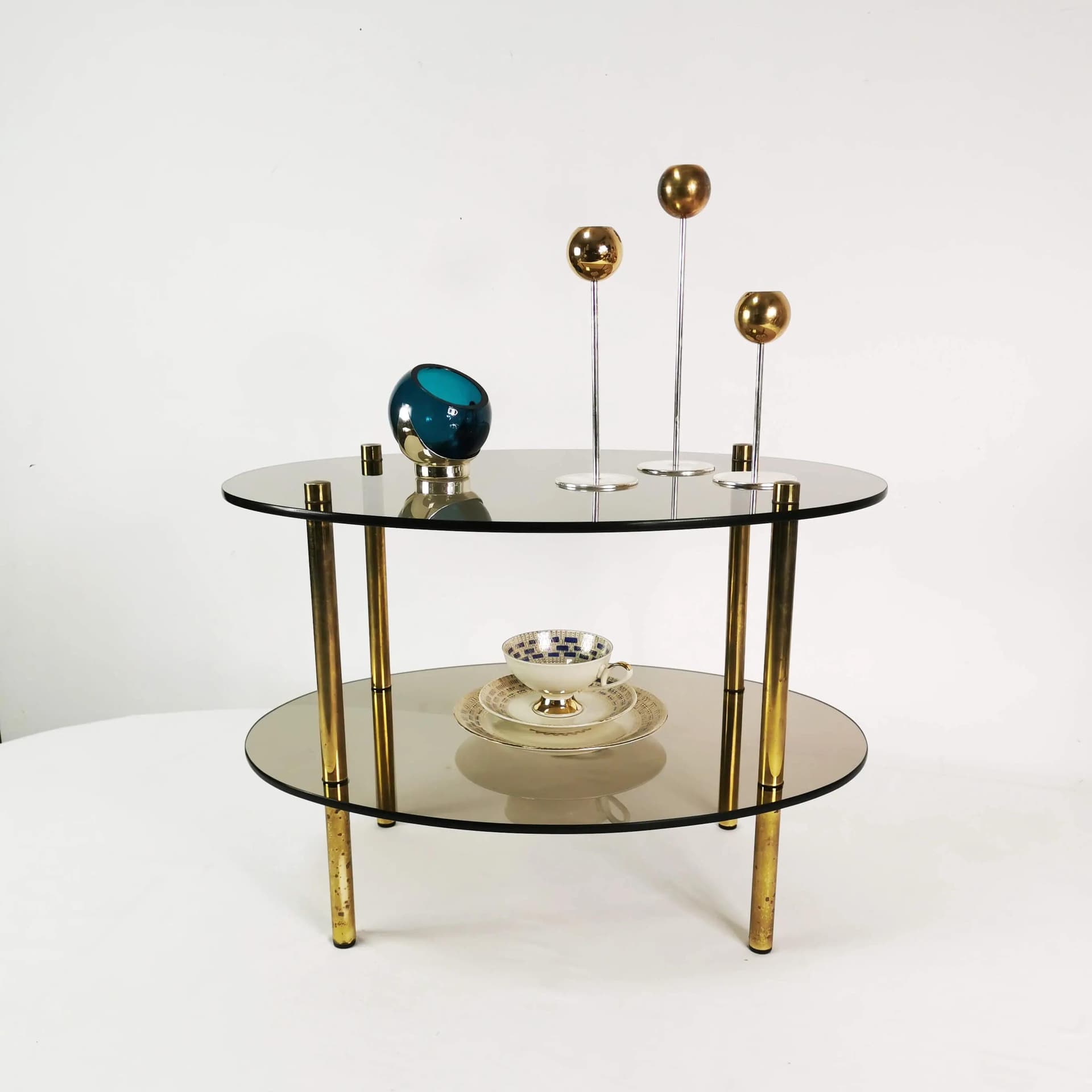 Oval Side Table, brass, smoked glass, Germany, 1960s. - 340422