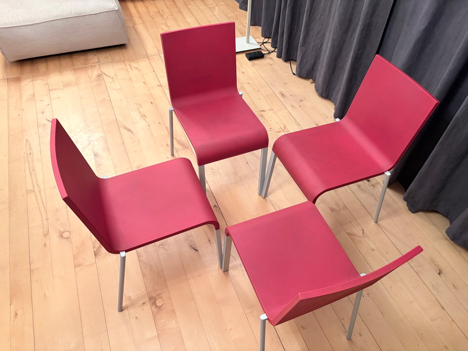 Set of four chairs .03, raspberry red plastic, silver aluminium, by M. van Severen, Vitra, Switzerland - 341301