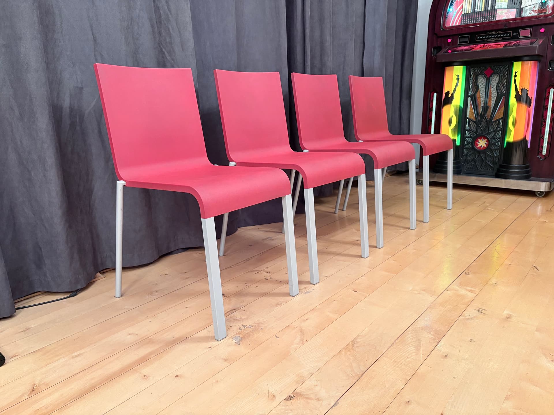 Set of four chairs .03, raspberry red plastic, silver aluminium, by M. van Severen, Vitra, Switzerland - 341298