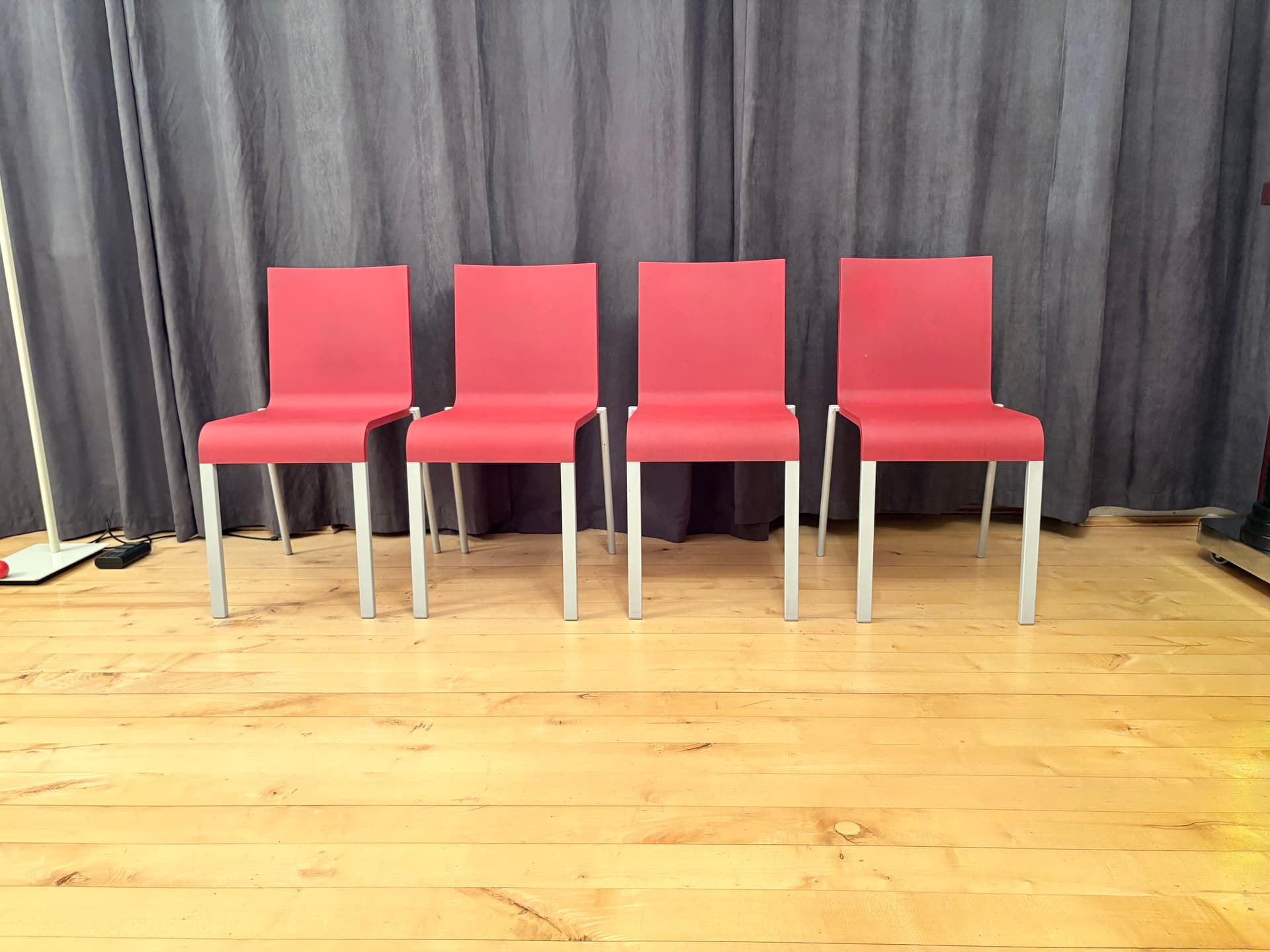 Set of four chairs .03, raspberry red plastic, silver aluminium, by M. van Severen, Vitra, Switzerland - 341297