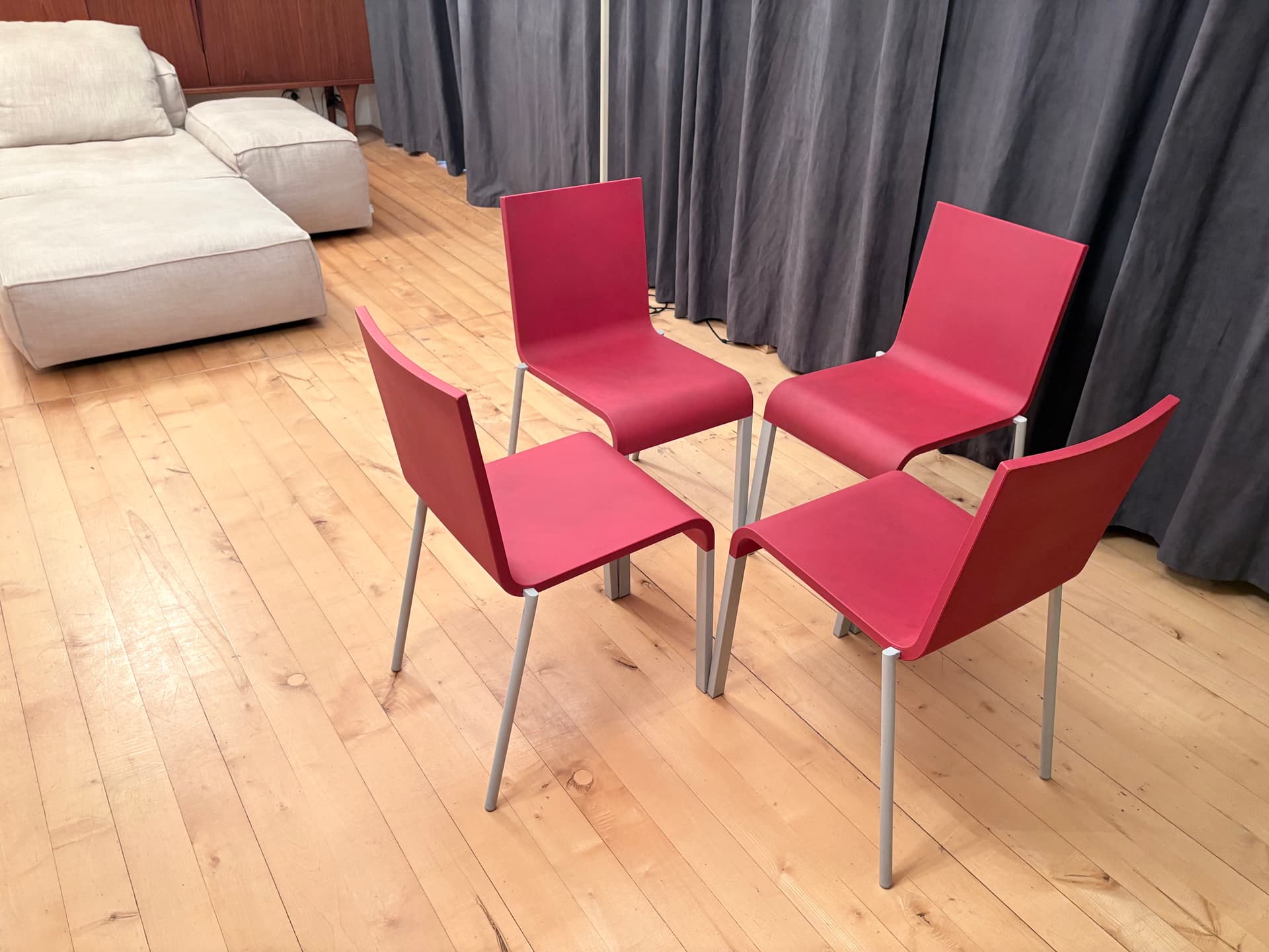 Set of four chairs .03, raspberry red plastic, silver aluminium, by M. van Severen, Vitra, Switzerland - 341305