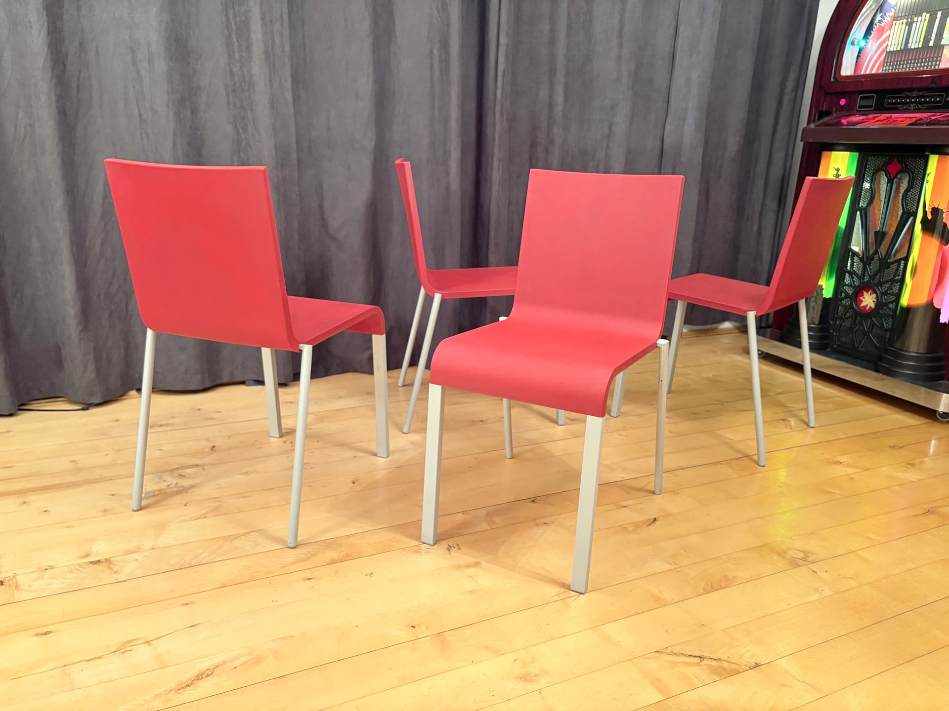 Set of four chairs .03, raspberry red plastic, silver aluminium, by M. van Severen, Vitra, Switzerland - 341306