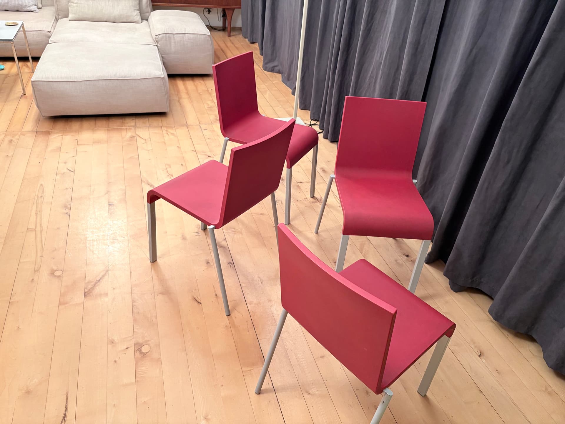 Set of four chairs .03, raspberry red plastic, silver aluminium, by M. van Severen, Vitra, Switzerland - 341307