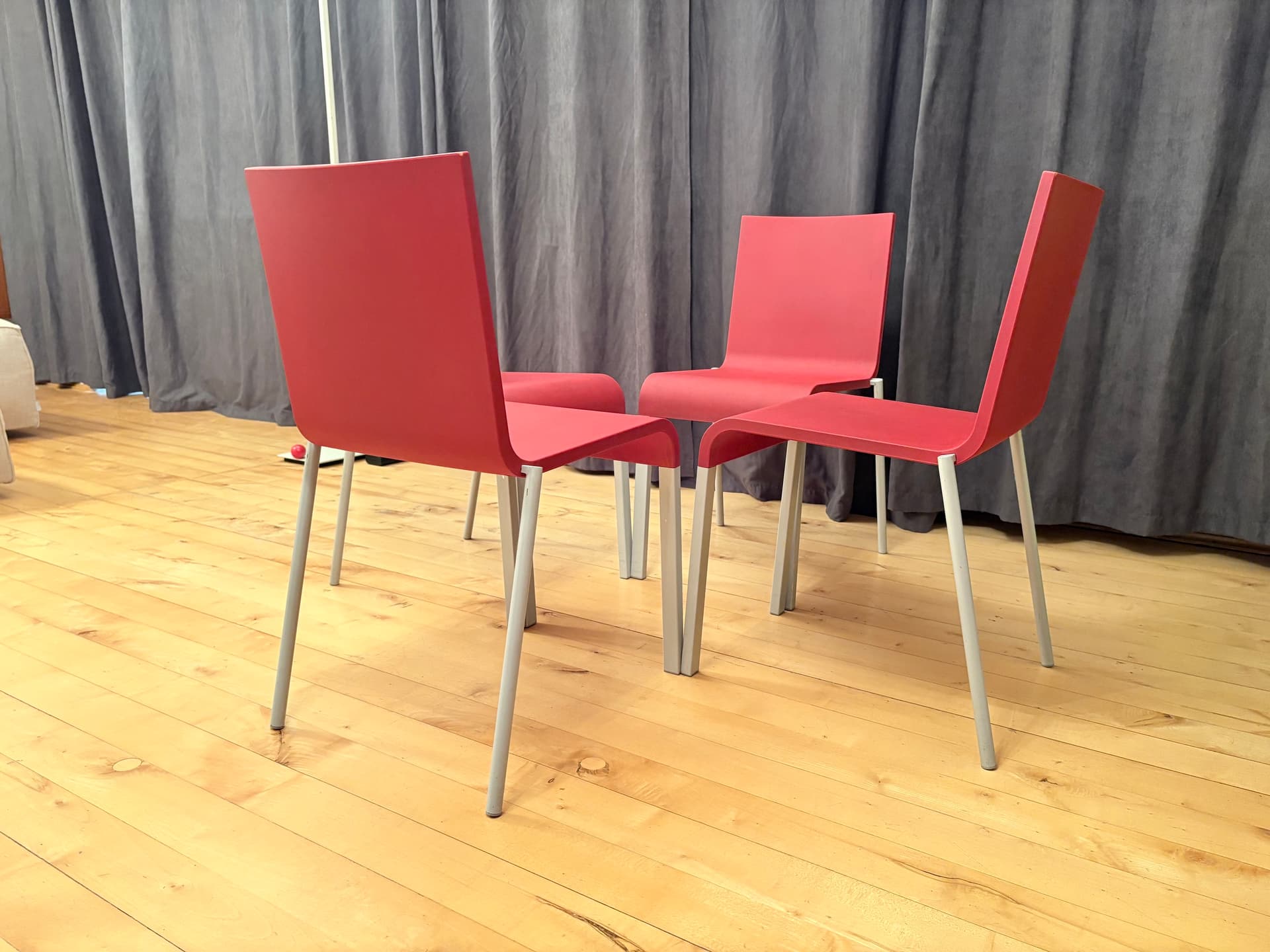 Set of four chairs .03, raspberry red plastic, silver aluminium, by M. van Severen, Vitra, Switzerland - 341303
