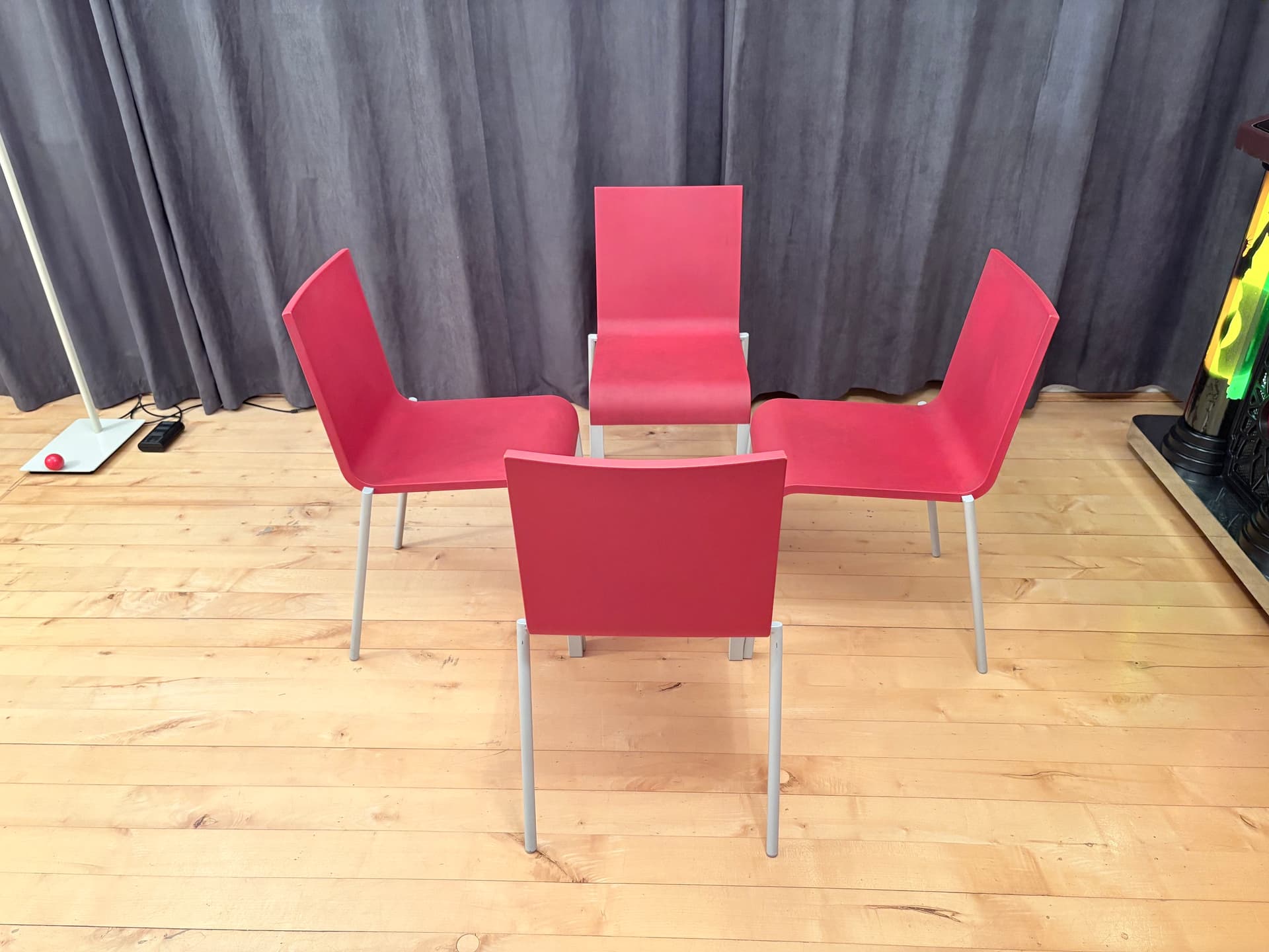 Set of four chairs .03, raspberry red plastic, silver aluminium, by M. van Severen, Vitra, Switzerland - 341300