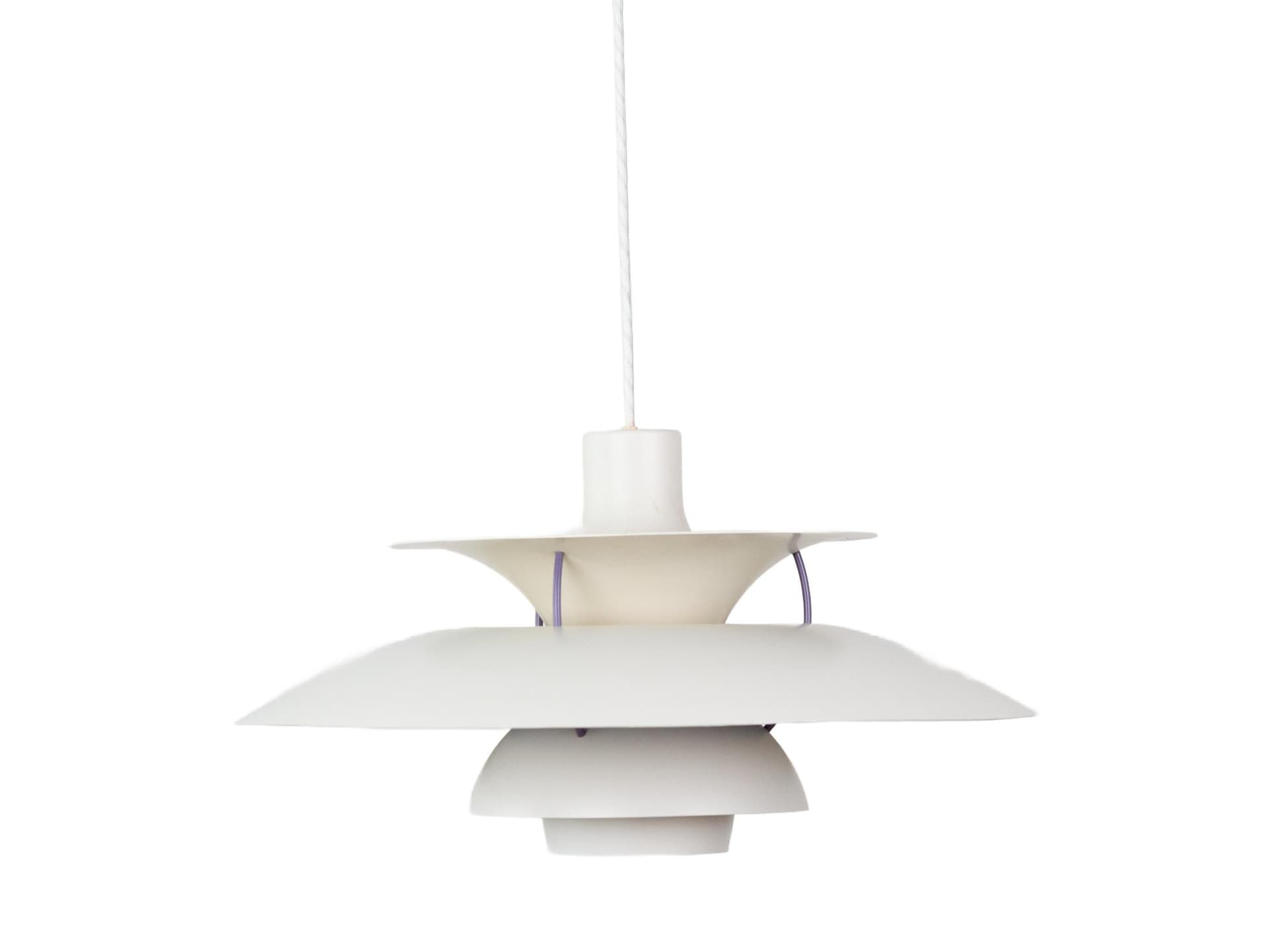 Lampa wisząca PH 5, biały fioletowy, metal, proj. P. Henningsen, Louis Poulsen, Dania, lata 80.