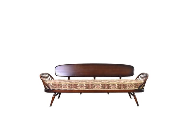 Sofa Studio Couch, beżowa, wiąz brązowy, buk, tkanina, proj. L. Ercolani, Ercol, Wielka Brytania, lata 60. - WYMIARY