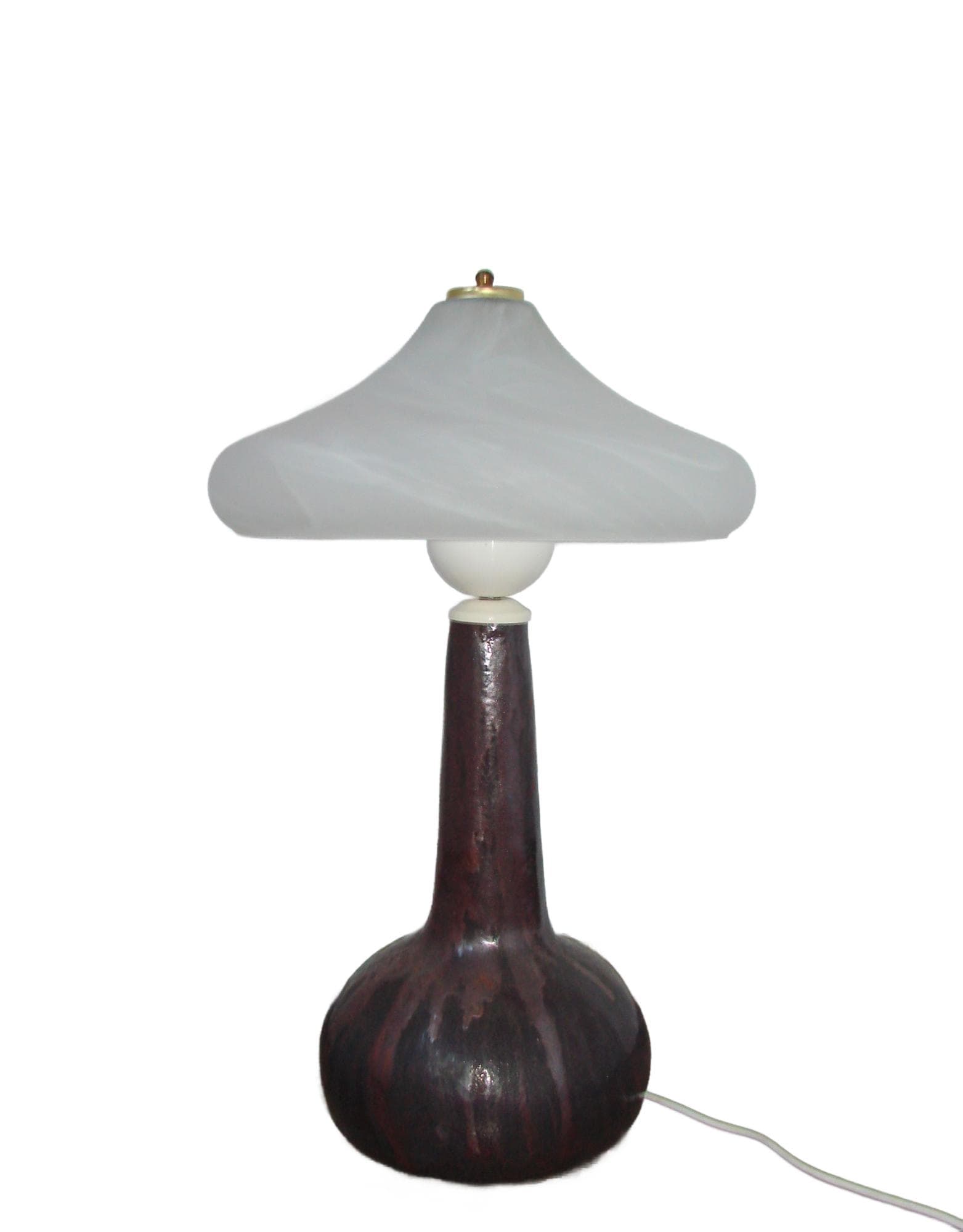 Lampa stołowa Lawa, ceramika brązowy czerwony czarny, szkło biały, lata 70.