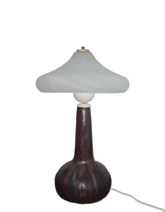 Lampa stołowa Lawa, ceramika brązowy czerwony czarny, szkło biały, lata 70. - WYMIARY