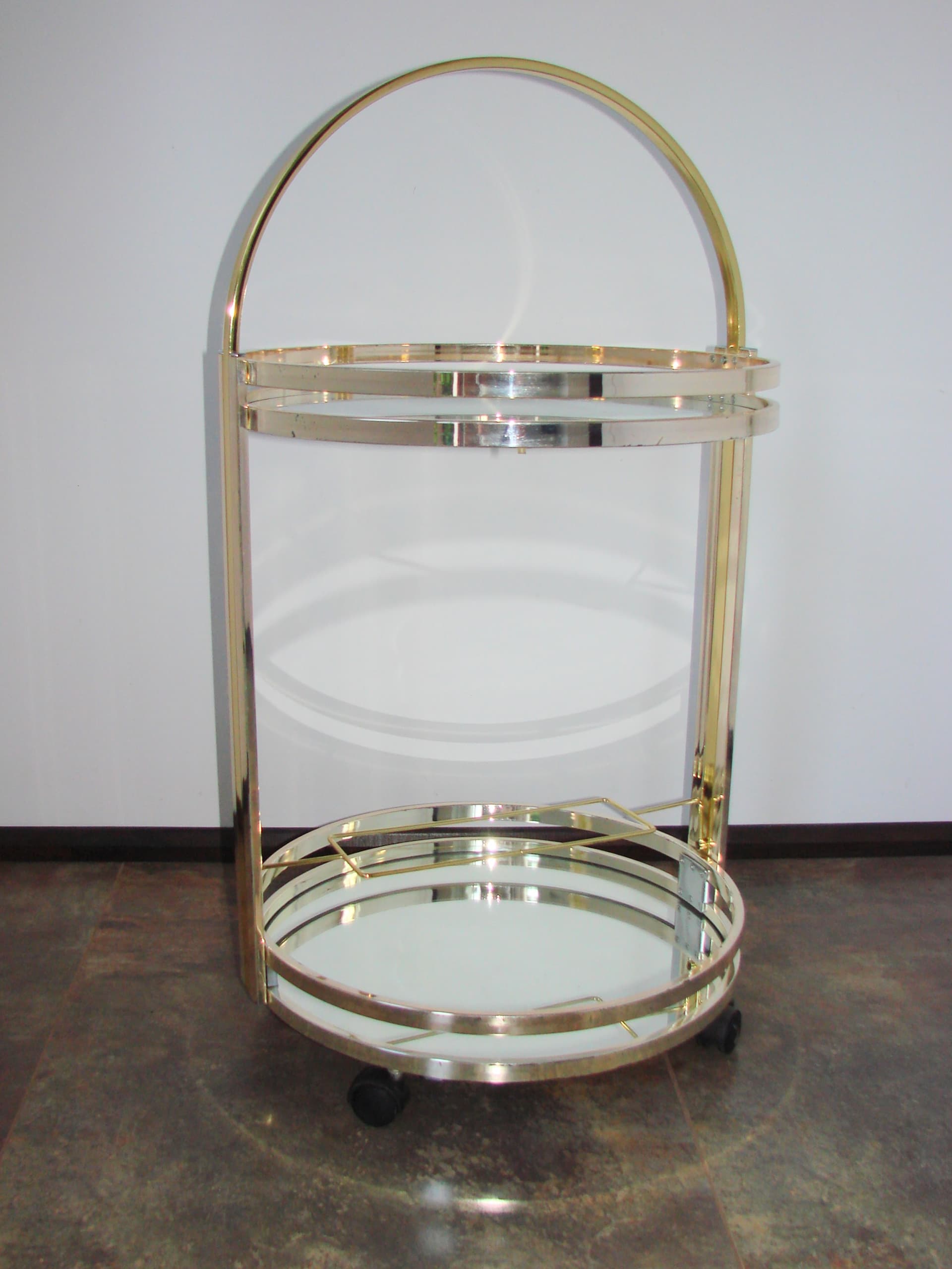 Bar Cart Art Deco, silver chrome, gold brass, clear glass, 1970s - 341544