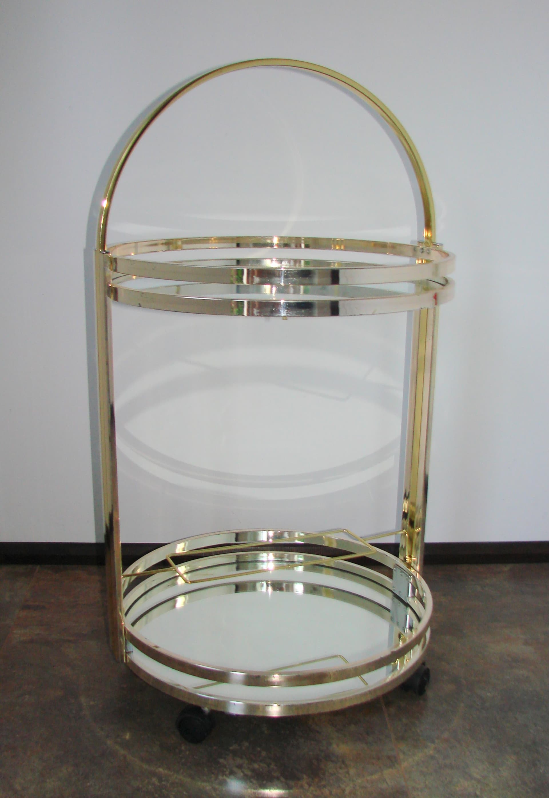 Bar Cart Art Deco, silver chrome, gold brass, clear glass, 1970s - 341543