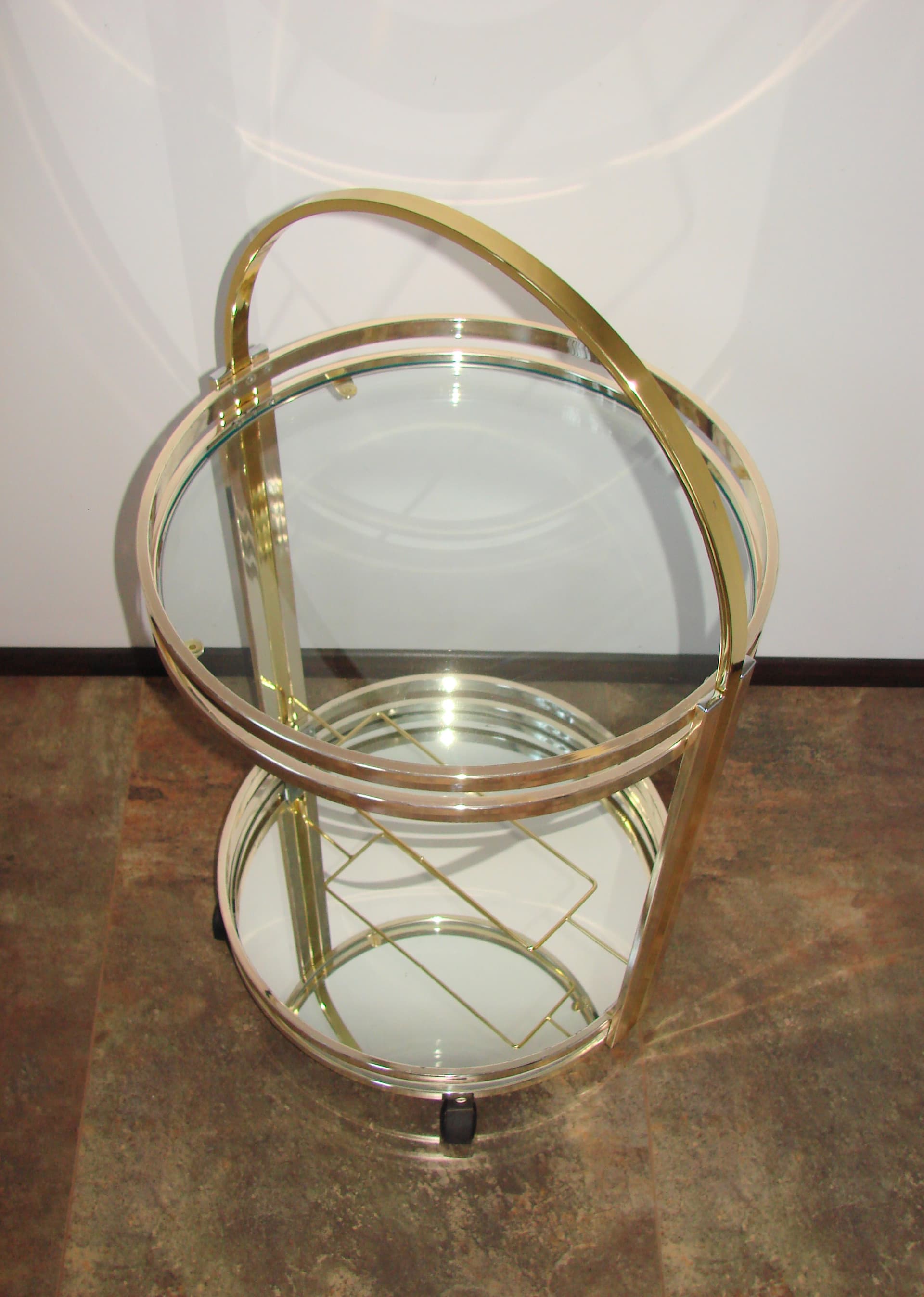 Bar Cart Art Deco, silver chrome, gold brass, clear glass, 1970s - 341539