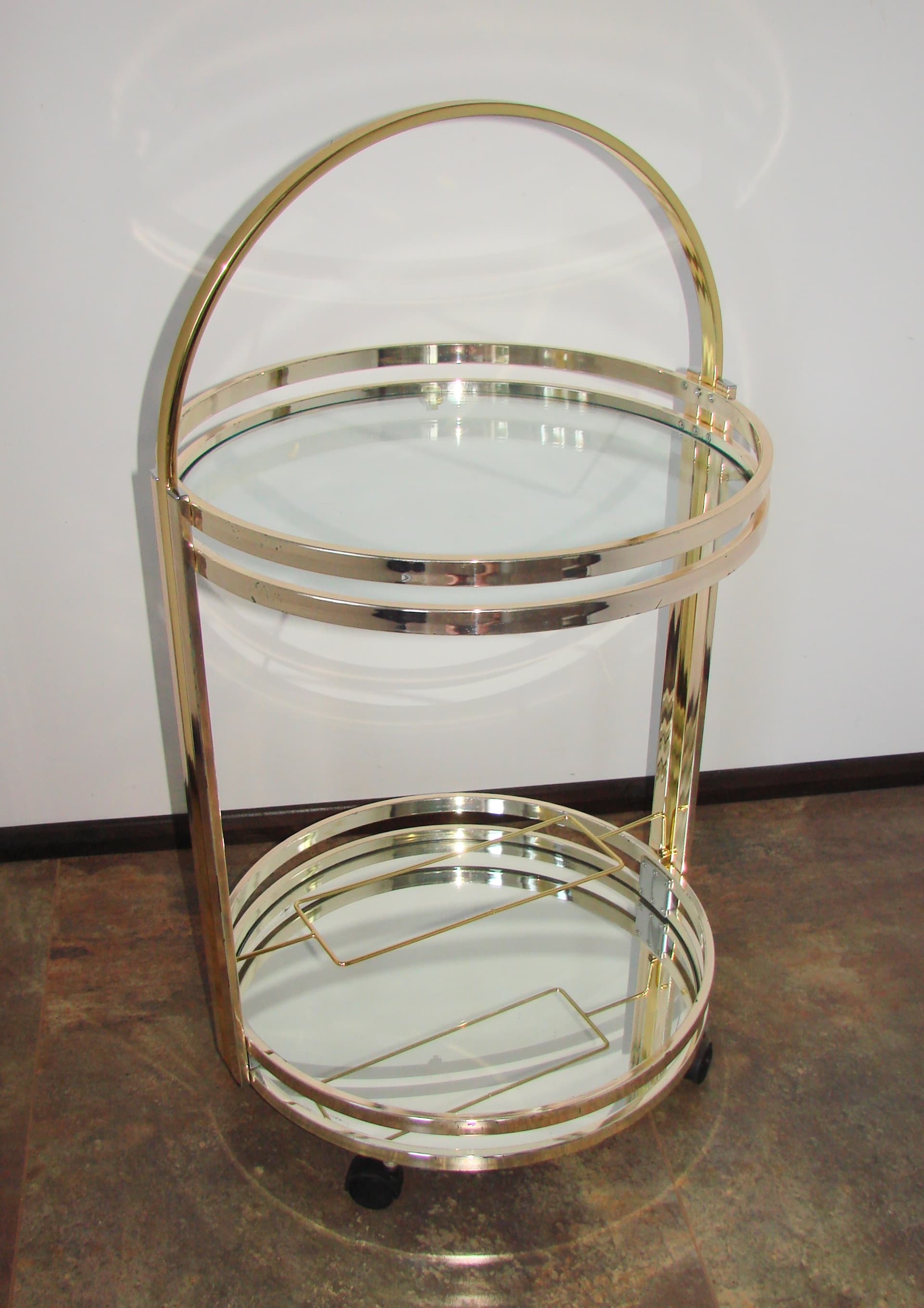 Bar Cart Art Deco, silver chrome, gold brass, clear glass, 1970s - 341537