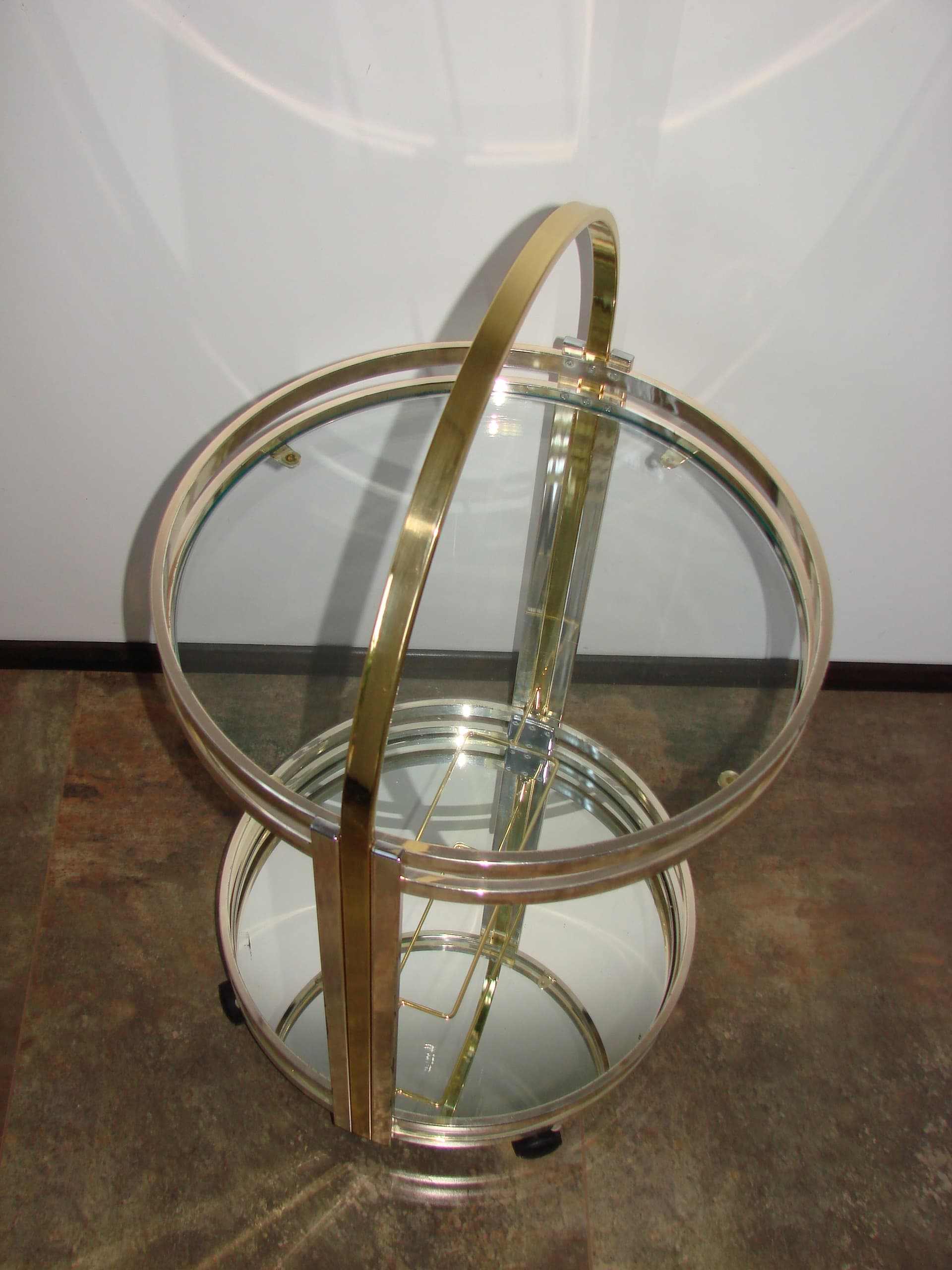 Bar Cart Art Deco, silver chrome, gold brass, clear glass, 1970s - 341542