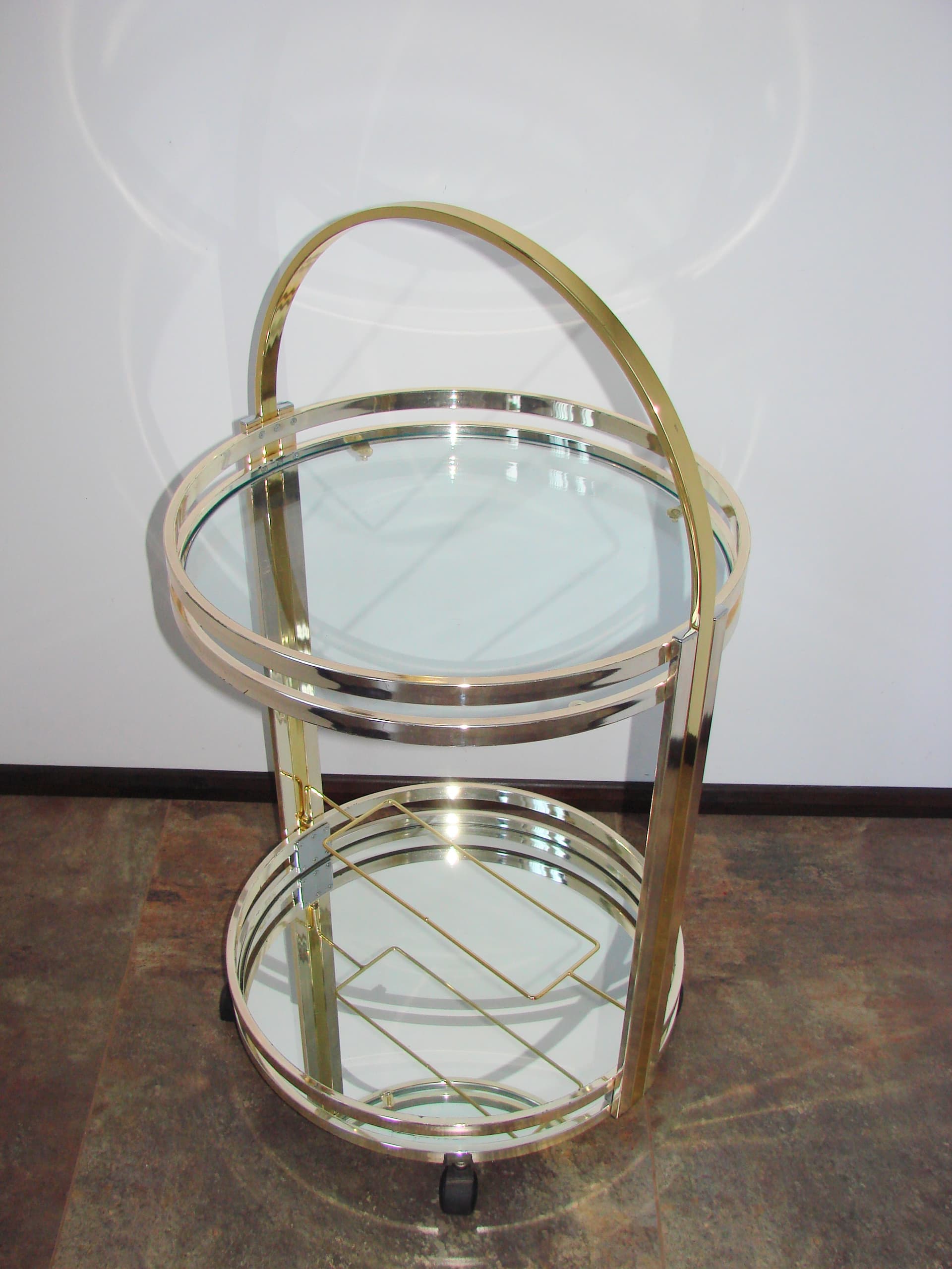 Bar Cart Art Deco, silver chrome, gold brass, clear glass, 1970s - 341541