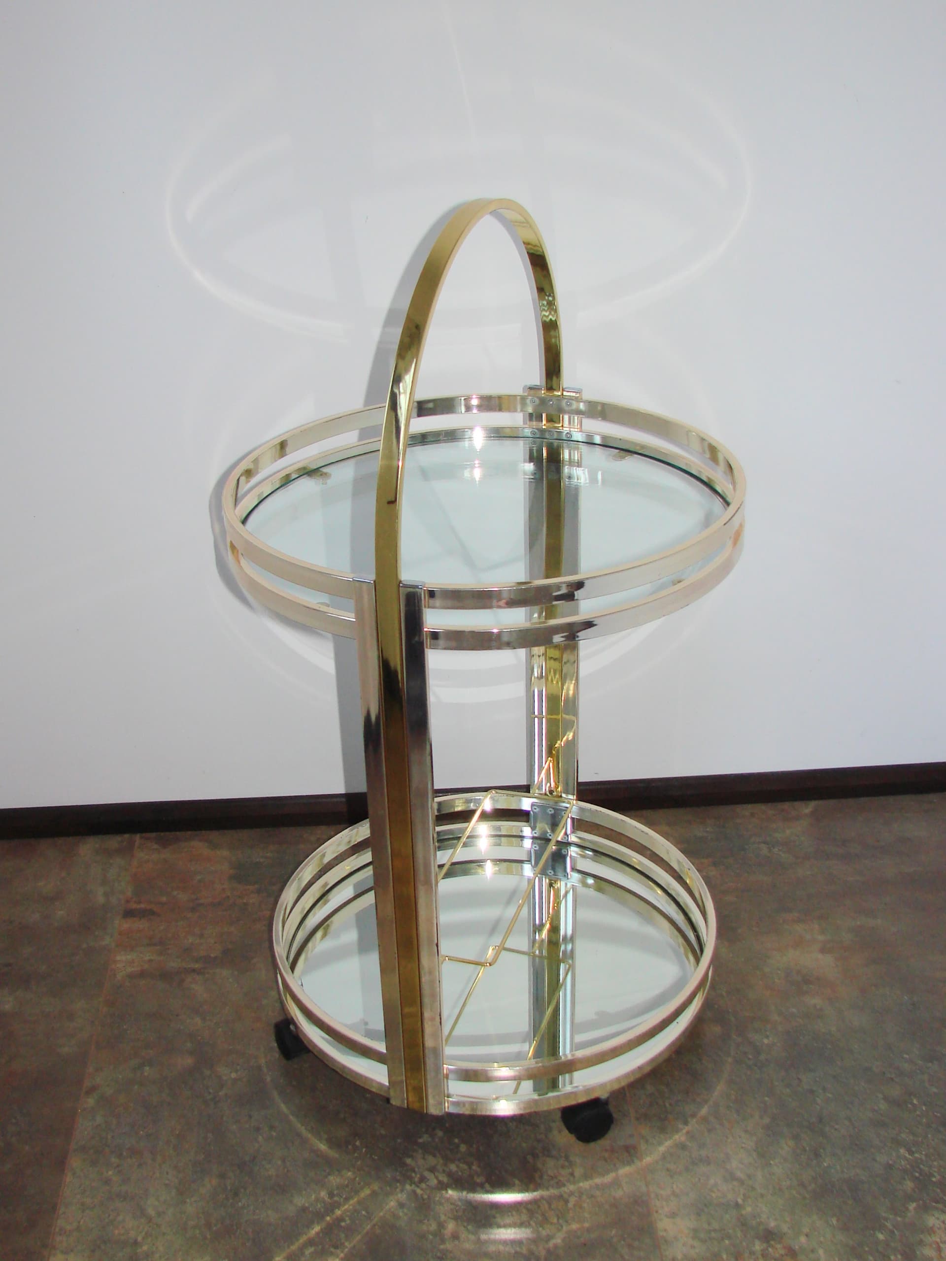 Bar Cart Art Deco, silver chrome, gold brass, clear glass, 1970s - 341540