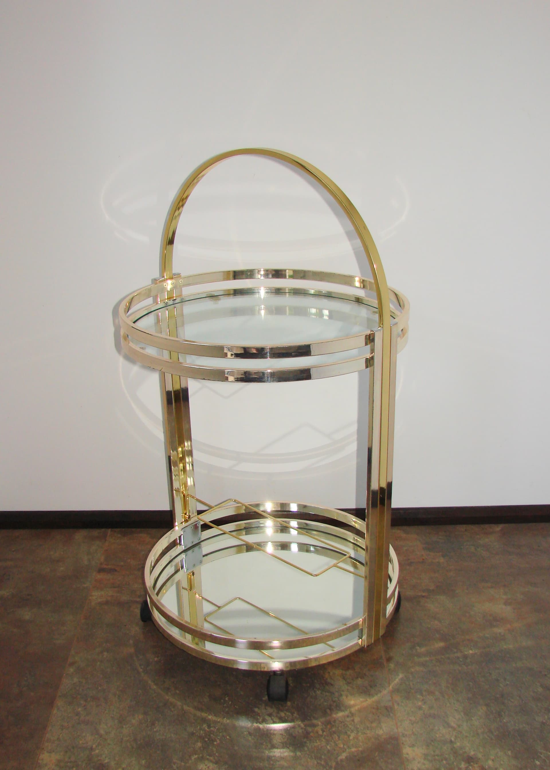 Bar Cart Art Deco, silver chrome, gold brass, clear glass, 1970s - 341538