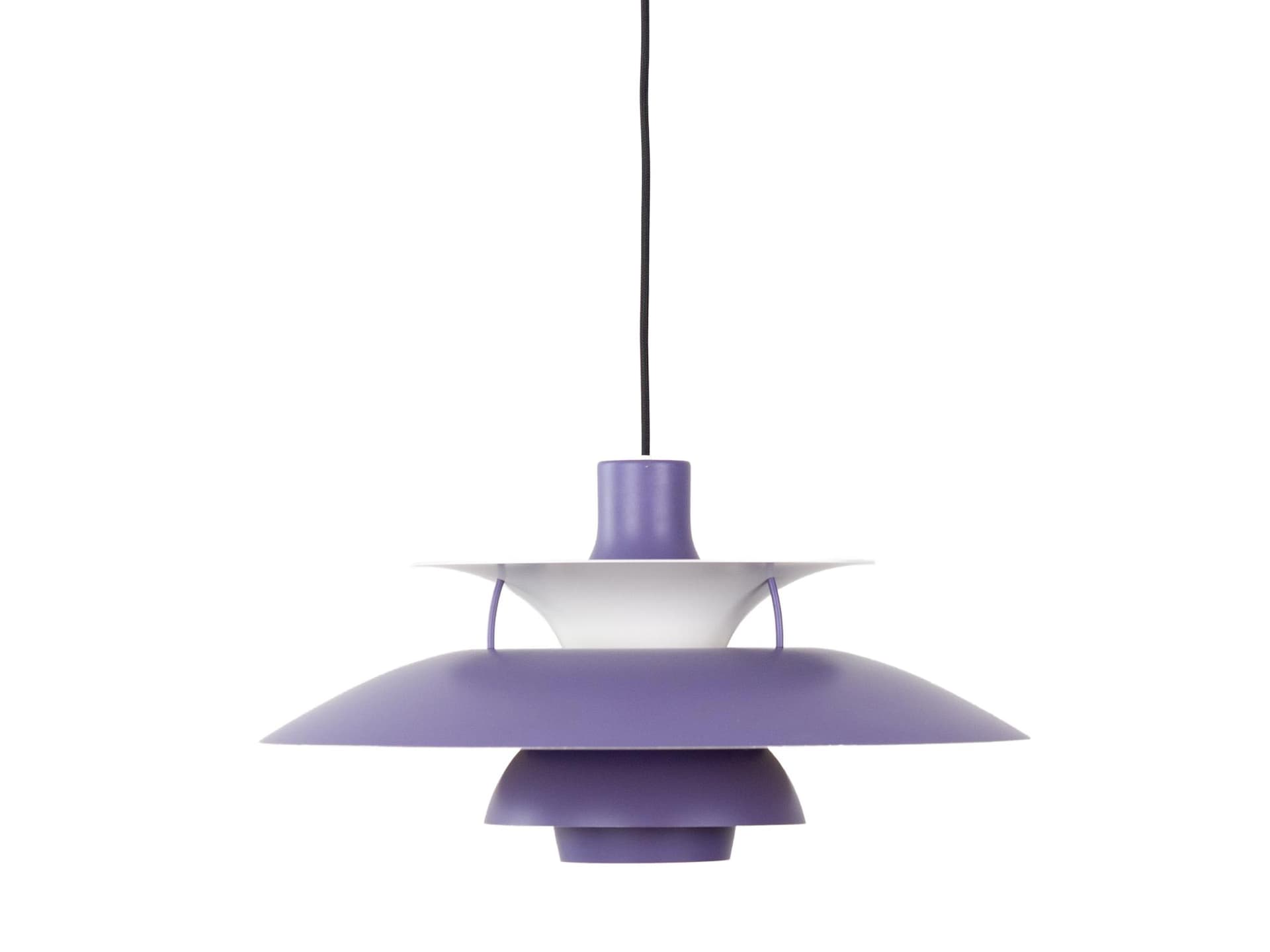 Lampa wisząca PH 5, lawendowy fiolet, aluminium biały, proj. P. Henningsen, Louis Poulsen, Dania, lata 60.