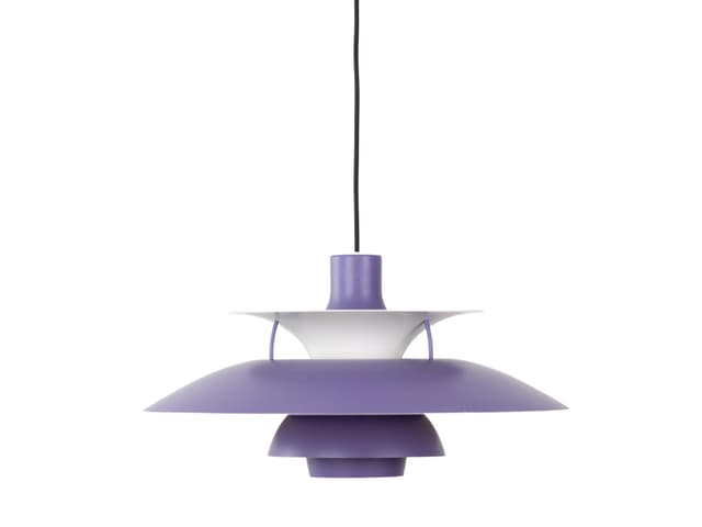 Lampa wisząca PH 5, lawendowy fiolet, aluminium biały, proj. P. Henningsen, Louis Poulsen, Dania, lata 60. - WYMIARY