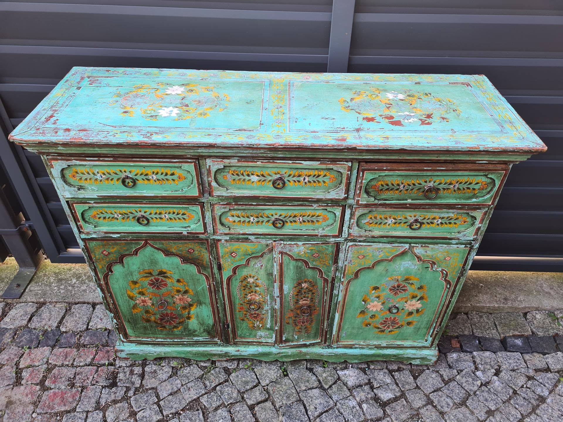 Sideboard Indian, turquoise-green, wood, metal, India, 1970s - 341622