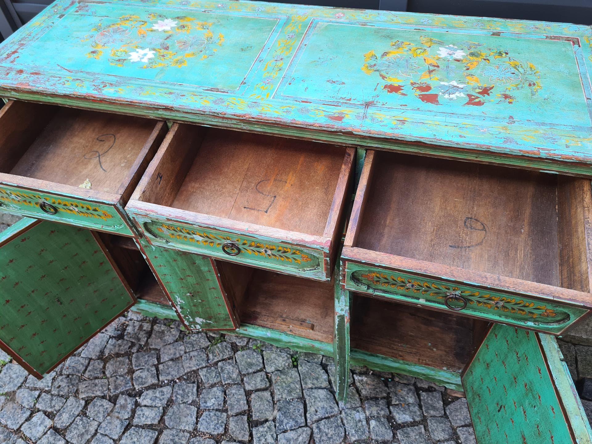 Sideboard Indian, turquoise-green, wood, metal, India, 1970s - 341616